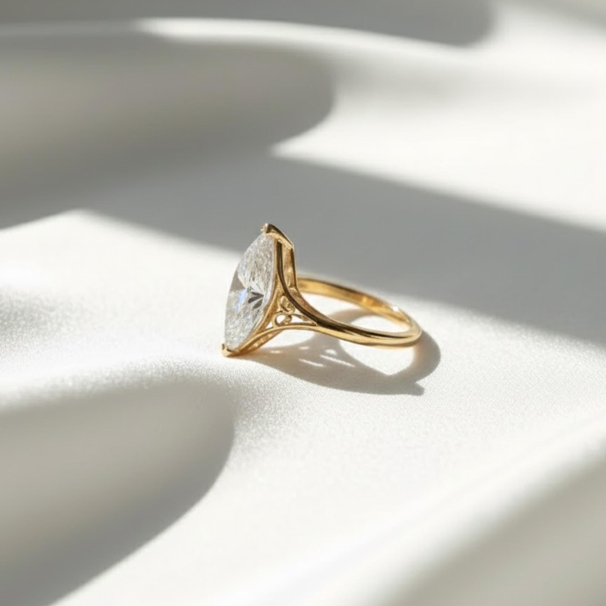 Vintage Marquise Filigree Ring | 1-2 Carat Lab Grown Diamond Ring | 14K Gold Minimalist Bridal Ring