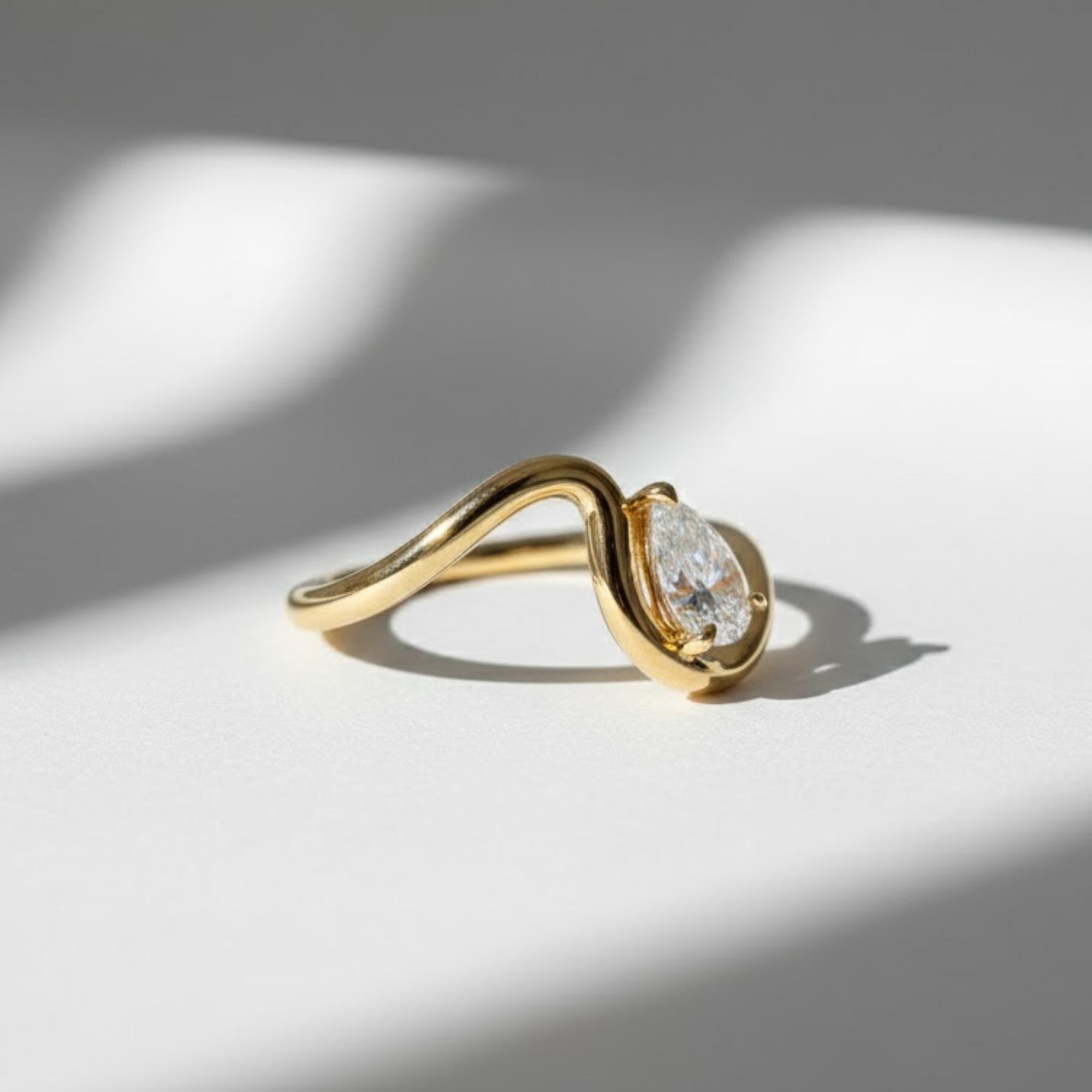 Pear Cut Diamond Wavy Ring | Curved Teardrop Shape Gold Band Ring | 0.5 to 2 Carat Lab Diamond Engagement Ring By Mirae Jewelry