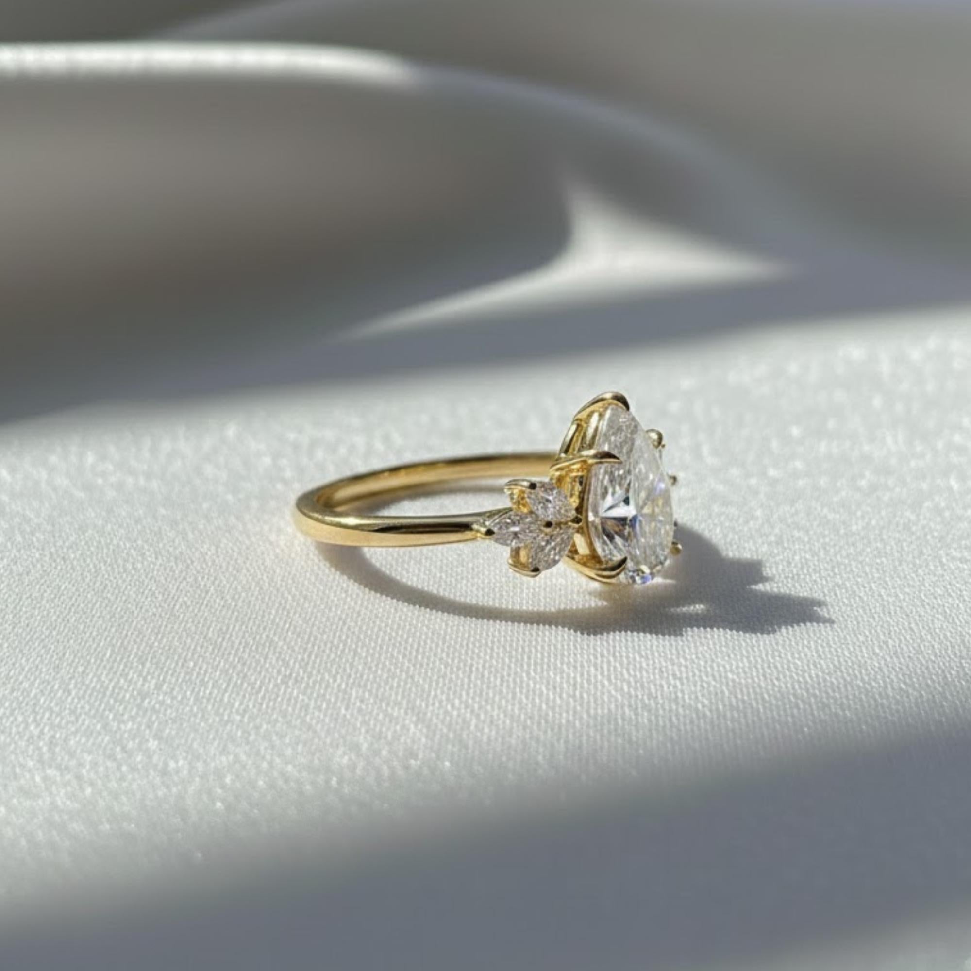 UNIQUE Pear 2.6 Carat Total IGI Certified F Color VS2 Clarity Lab Grown Diamond Engagement Ring, Side Marquise Cut Diamonds 14k Gold