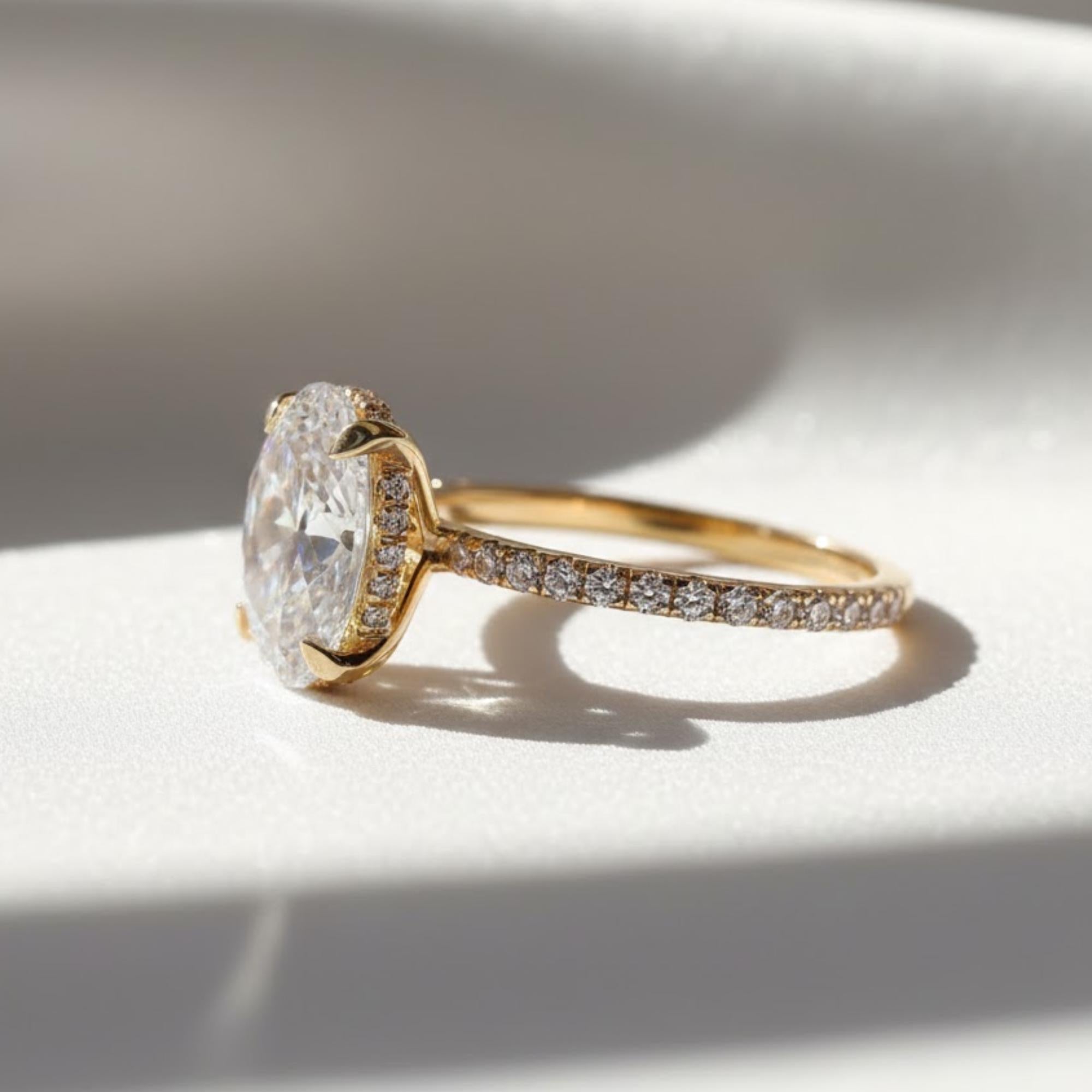 3 Carat Oval Lab Grown Diamond Engagement Ring with Hidden Halo, IGI Certified F Color VS2 Clarity, 14k Gold Wedding Band By Mirae Jewelry