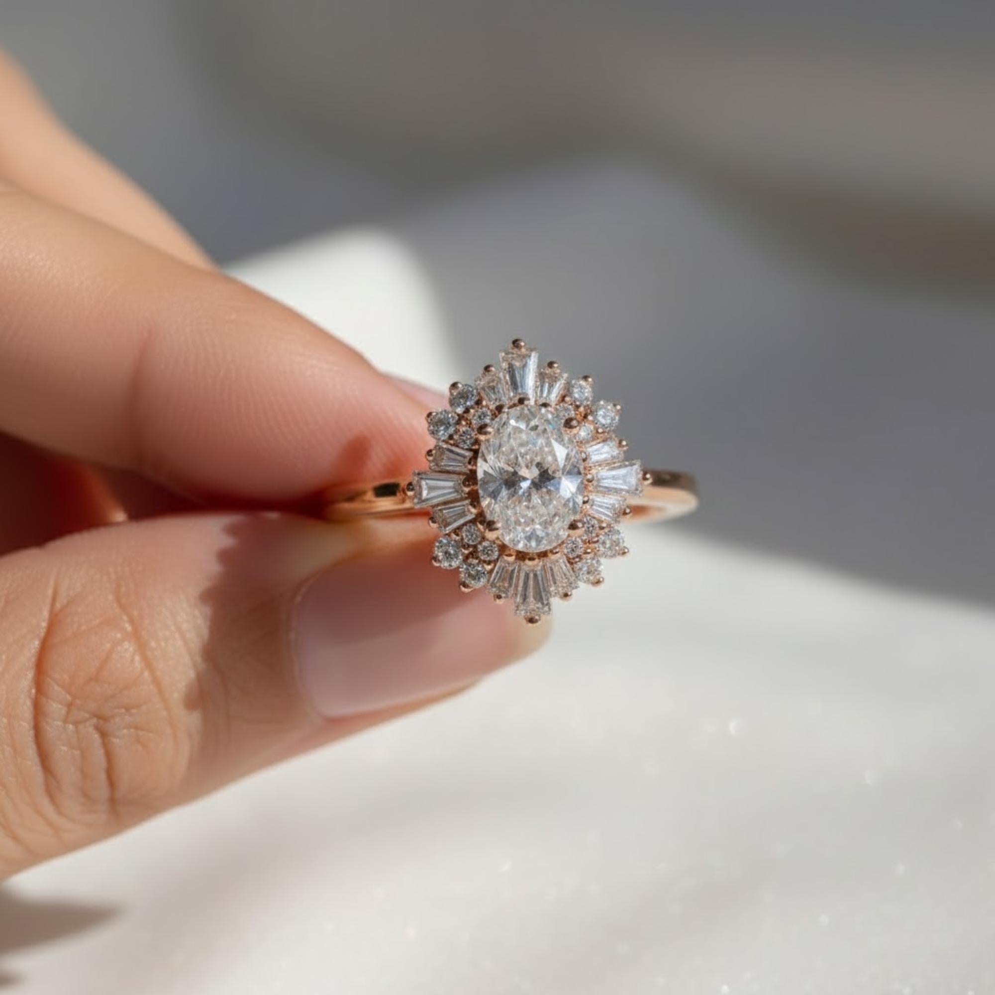 Vintage Oval Lab Grown Diamond Engagement Ring in 14K Rose Gold with Diamond Halo, Milgrain Detailing, Proposal, Anniversary, Heirloom Style