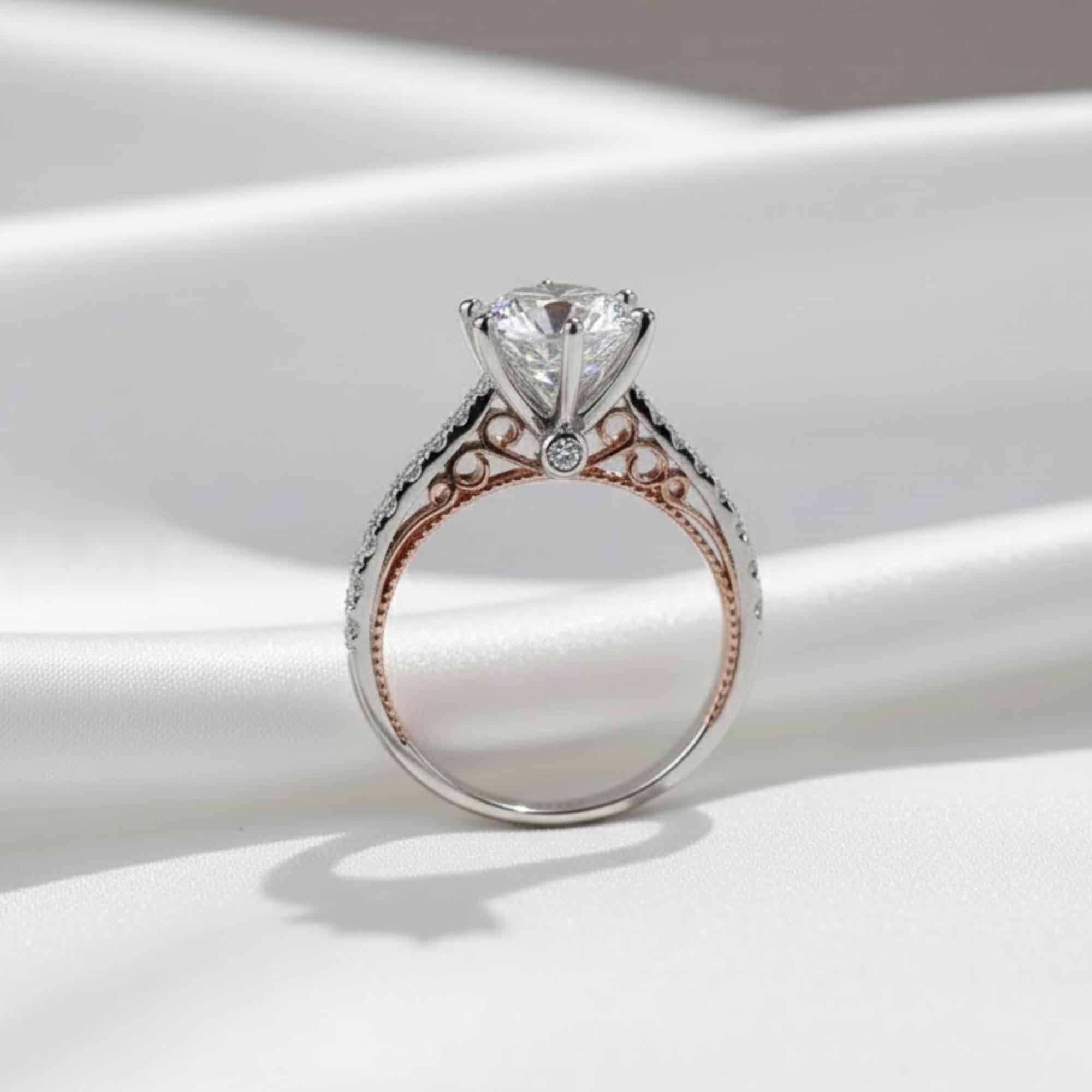Round Lab Grown Diamond Ring Vintage Filigree Two Tone Engagement Ring 14K White & Rose Gold Wedding Ring IGI Certified Six Prong