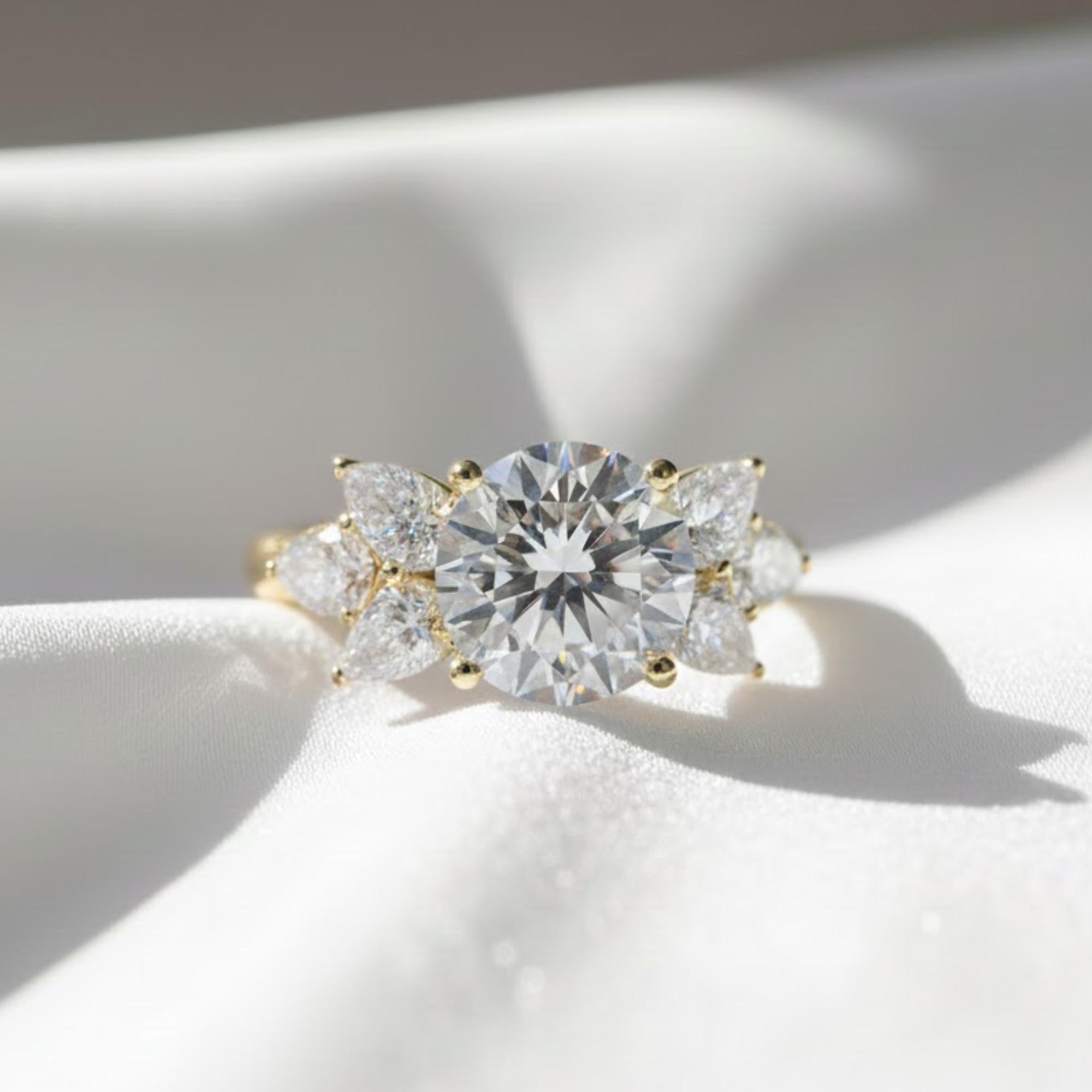 5 Carat Round Brilliant Cut Diamond Ring | IGI Certified Round & Pear Diamond Ring | Yellow Gold Statement Engagement Ring By Mirae Jewelry
