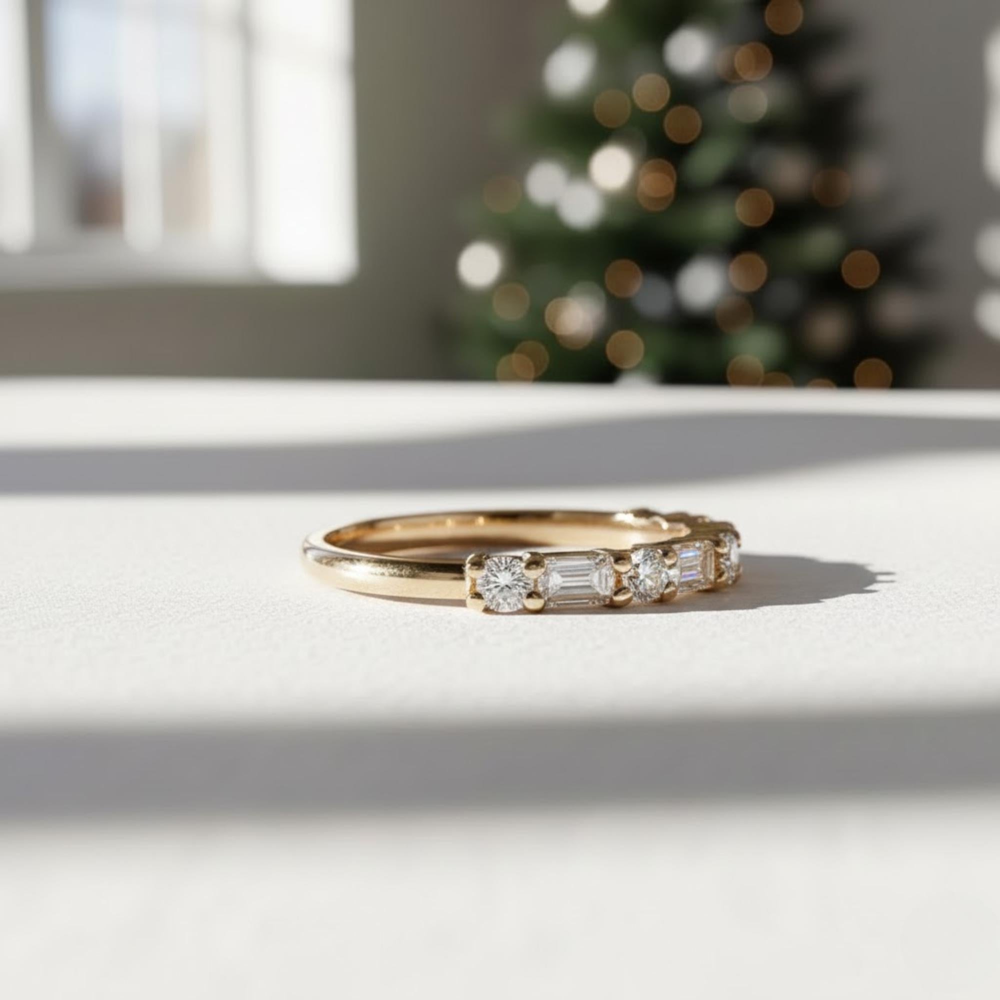 Emerald and Round Diamond Half Eternity Band Ring Dainty Wedding Ring Stacking Diamond Ring Minimalist Design Real Genuine Lab Diamond Ring