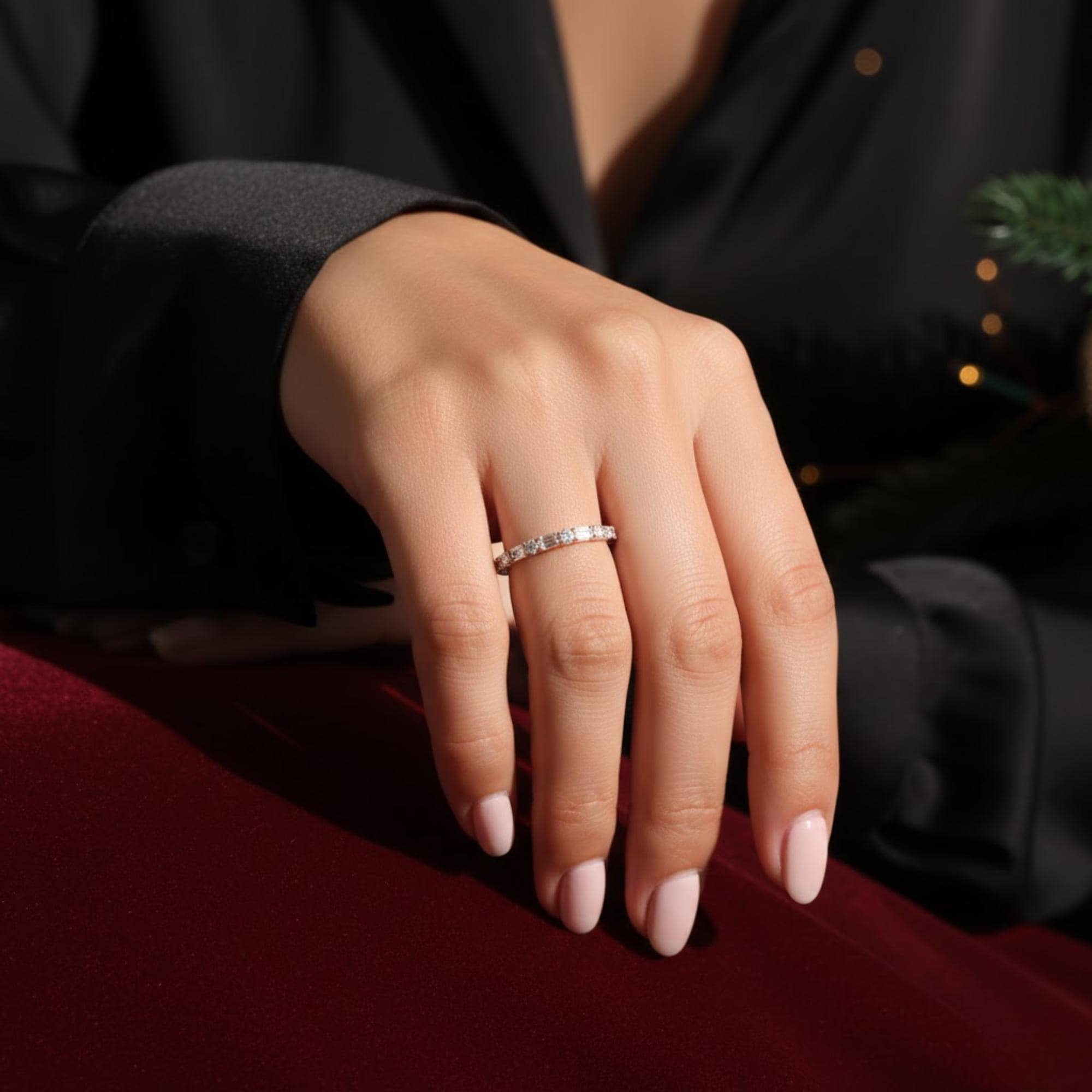 Emerald and Round Diamond Half Eternity Band Ring Dainty Wedding Ring Stacking Diamond Ring Minimalist Design Real Genuine Lab Diamond Ring