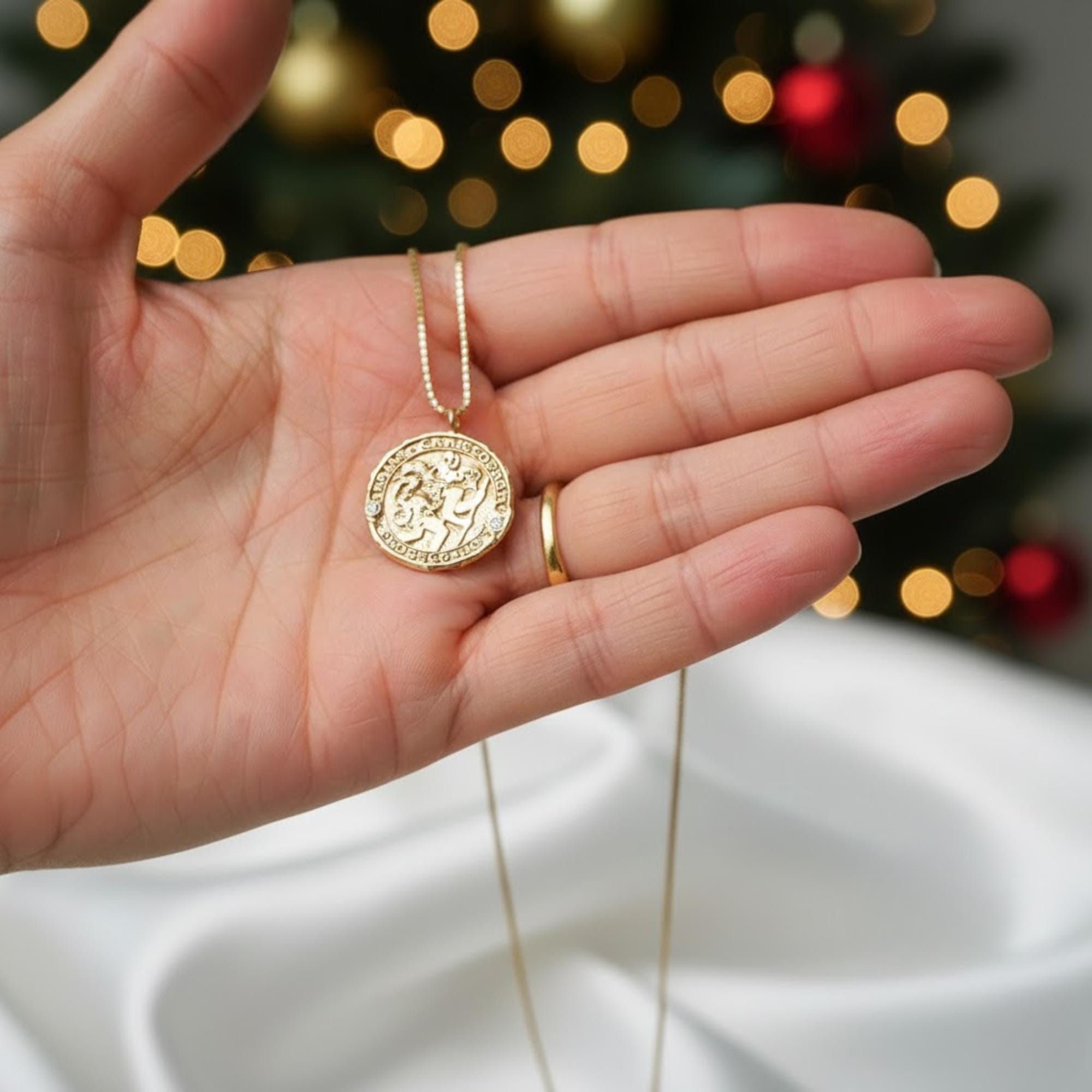 14K Gold Saint Christopher Pendant with Diamonds Religious Necklace