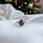 1 Carat Pear Sapphire Signet Ring | Yellow Gold Teardrop Blue Stone Ring | Flush Bezel Set | Dainty Statement Jewelry | Modern Tapered Shank