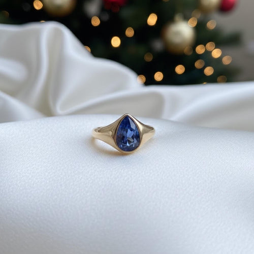 1 Carat Pear Sapphire Signet Ring | Yellow Gold Teardrop Blue Stone Ring | Flush Bezel Set | Dainty Statement Jewelry | Modern Tapered Shank