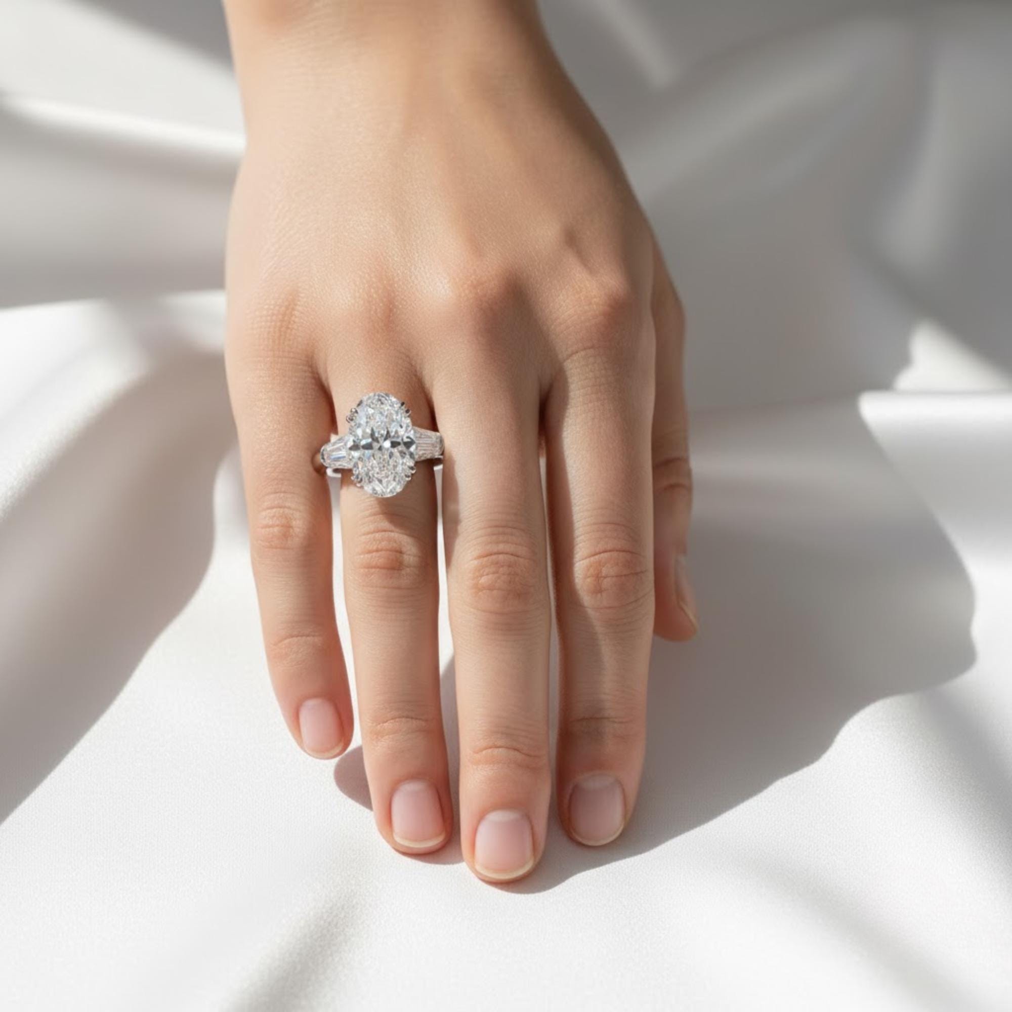 5 Carat Oval Lab Grown Diamond Three Stone Ring / Oval & Tapered Baguettes 3 Stone Ring / Luxury Trilogy Elegant Classic Engagement Ring