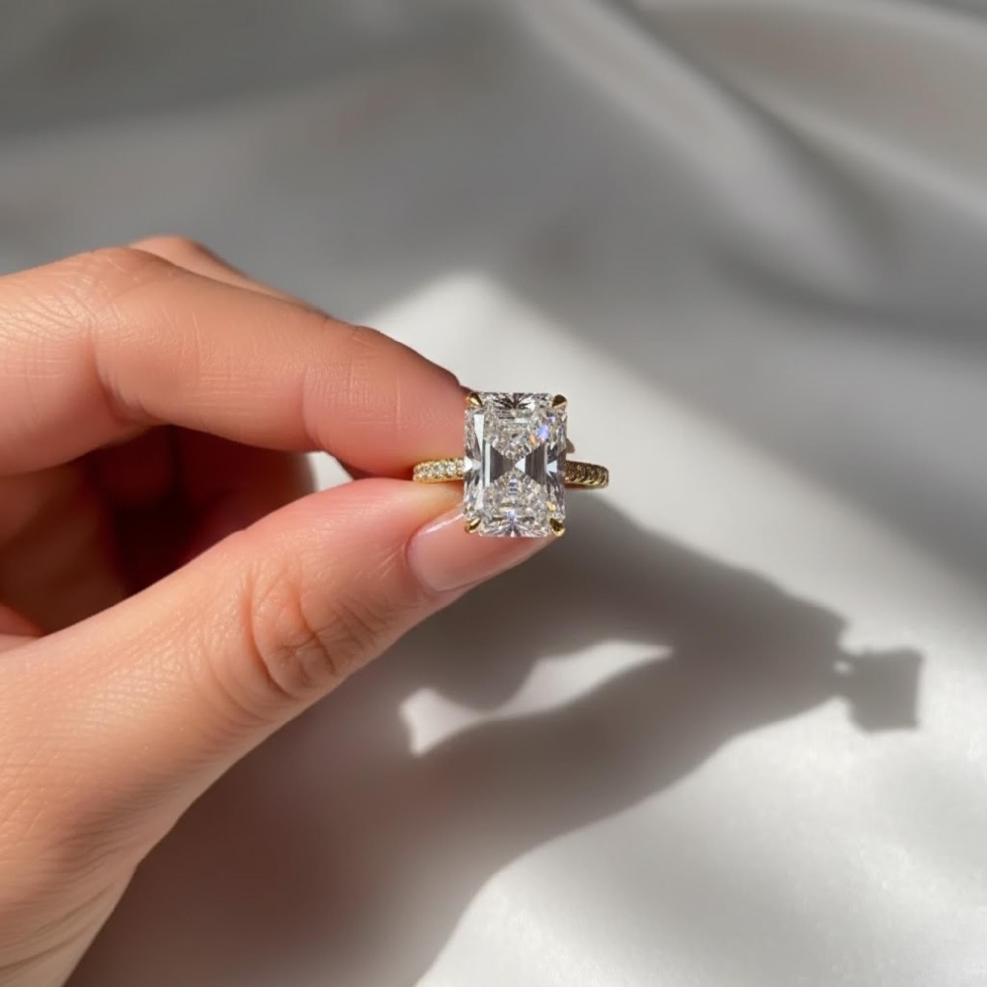 Exceptional 10 Carat Elongated Radiant Cut Lab Grown Diamond Engagement Ring With Side Stones / 18K Gold / IGI Certified