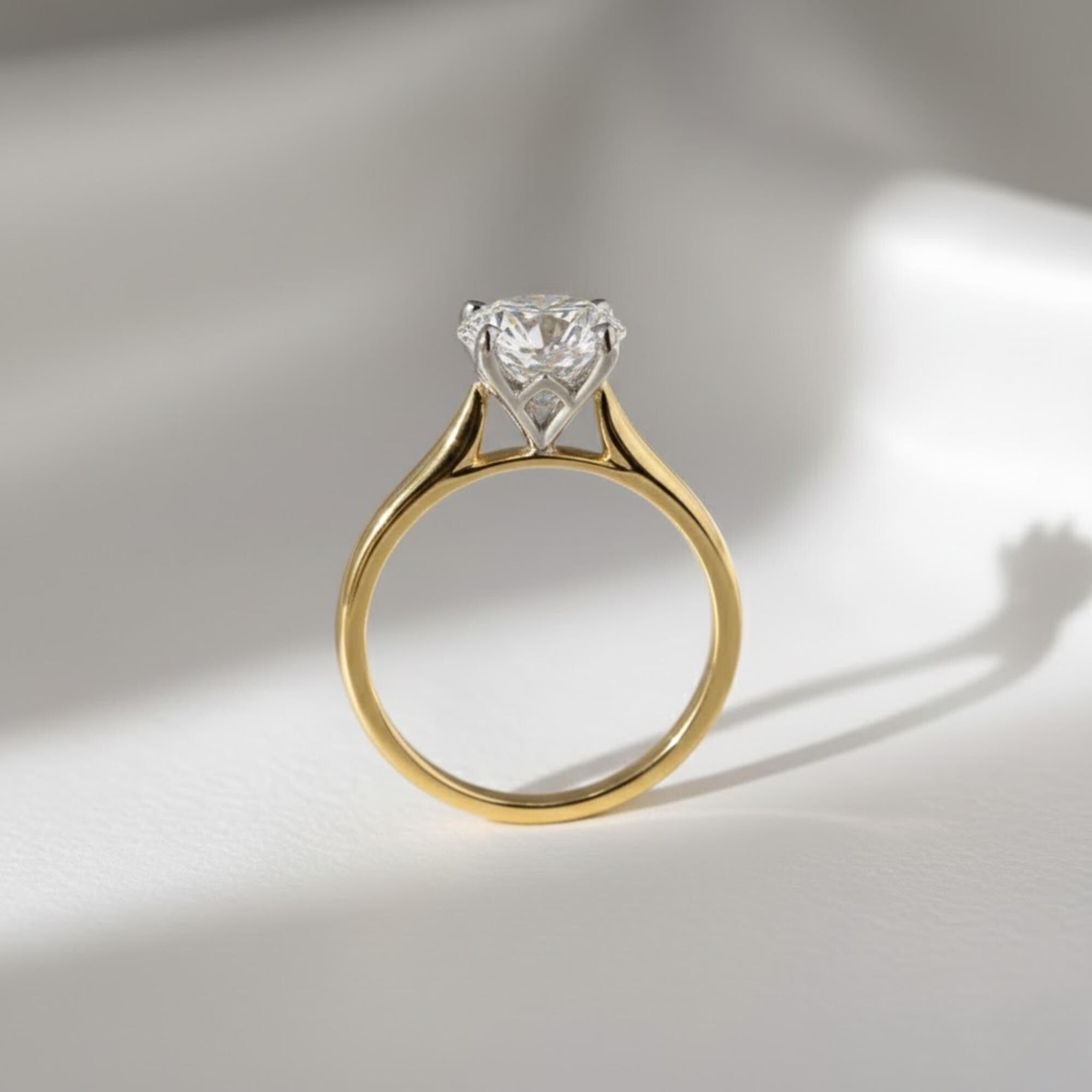1 Carat Round Brilliant F VS2 Lab Grown Diamond Tulip Set Engagement Ring / Lotus Set 14K Yellow Gold Two Tone Cathedral Ring