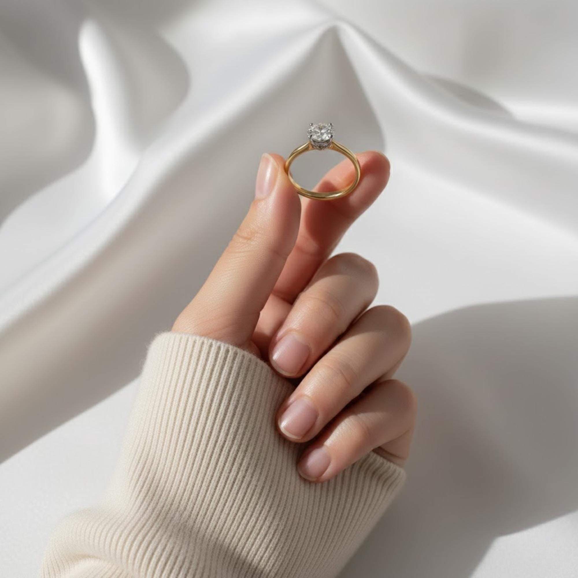 1 Carat Round Brilliant F VS2 Lab Grown Diamond Tulip Set Engagement Ring / Lotus Set 14K Yellow Gold Two Tone Cathedral Ring