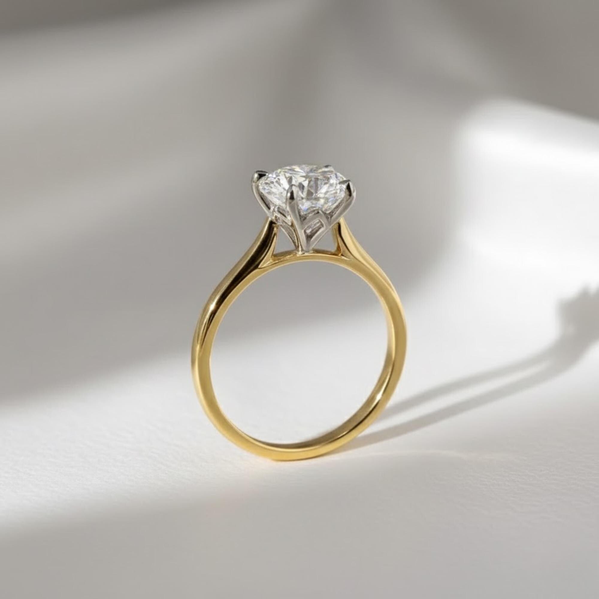 1 Carat Round Brilliant F VS2 Lab Grown Diamond Tulip Set Engagement Ring / Lotus Set 14K Yellow Gold Two Tone Cathedral Ring