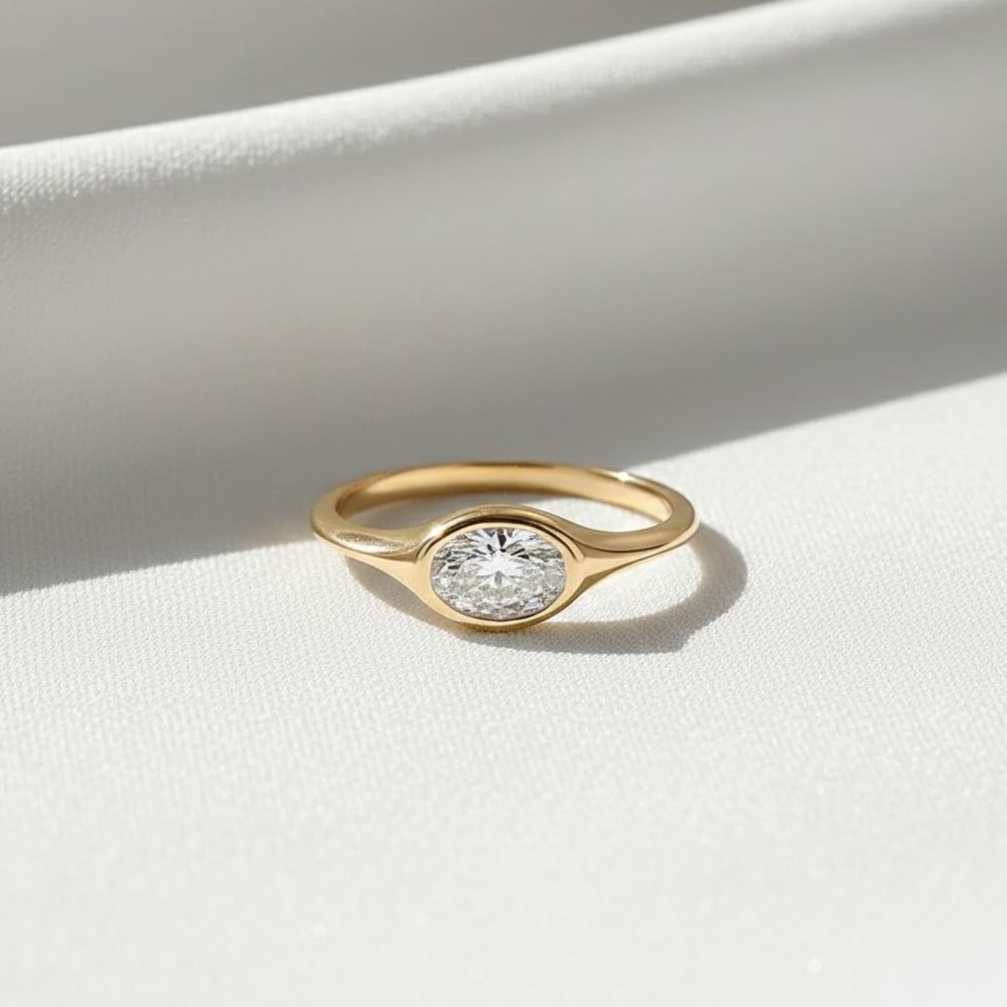 1 Carat East West Oval Lab Grown Diamond Ring, 14k Gold Bezel Engagement Ring, Oval IGI Certified Diamond Ring, Dainty Solitaire Ring Gift