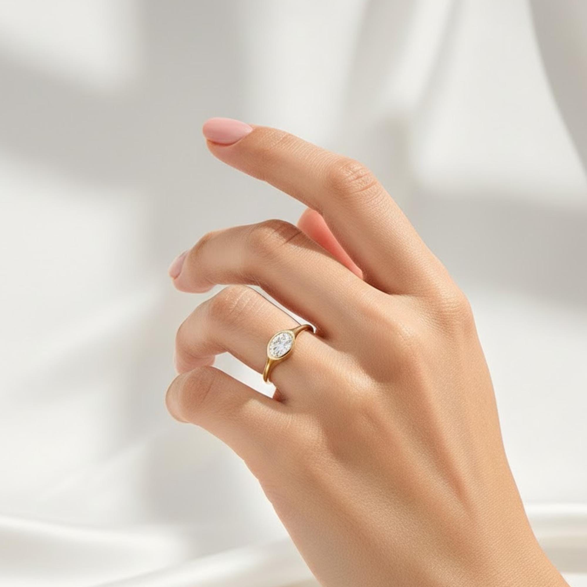 1 Carat East West Oval Lab Grown Diamond Ring, 14k Gold Bezel Engagement Ring, Oval IGI Certified Diamond Ring, Dainty Solitaire Ring Gift