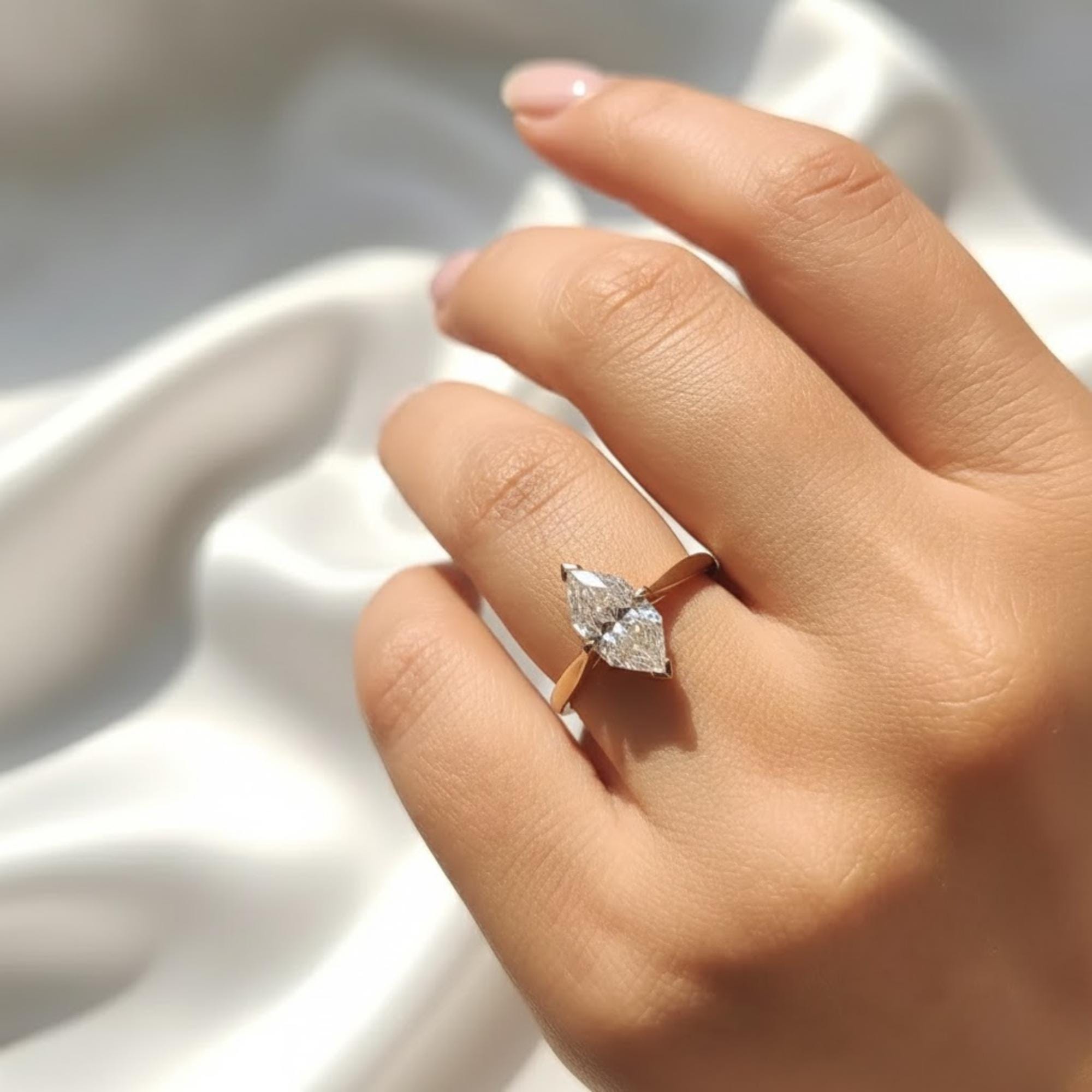 Antique Dutch Marquise Cut Lab Grown Diamond Solitaire Wedding Ring, V Prong Tapered Shank Engagement Ring for Women, Unique Promise Ring