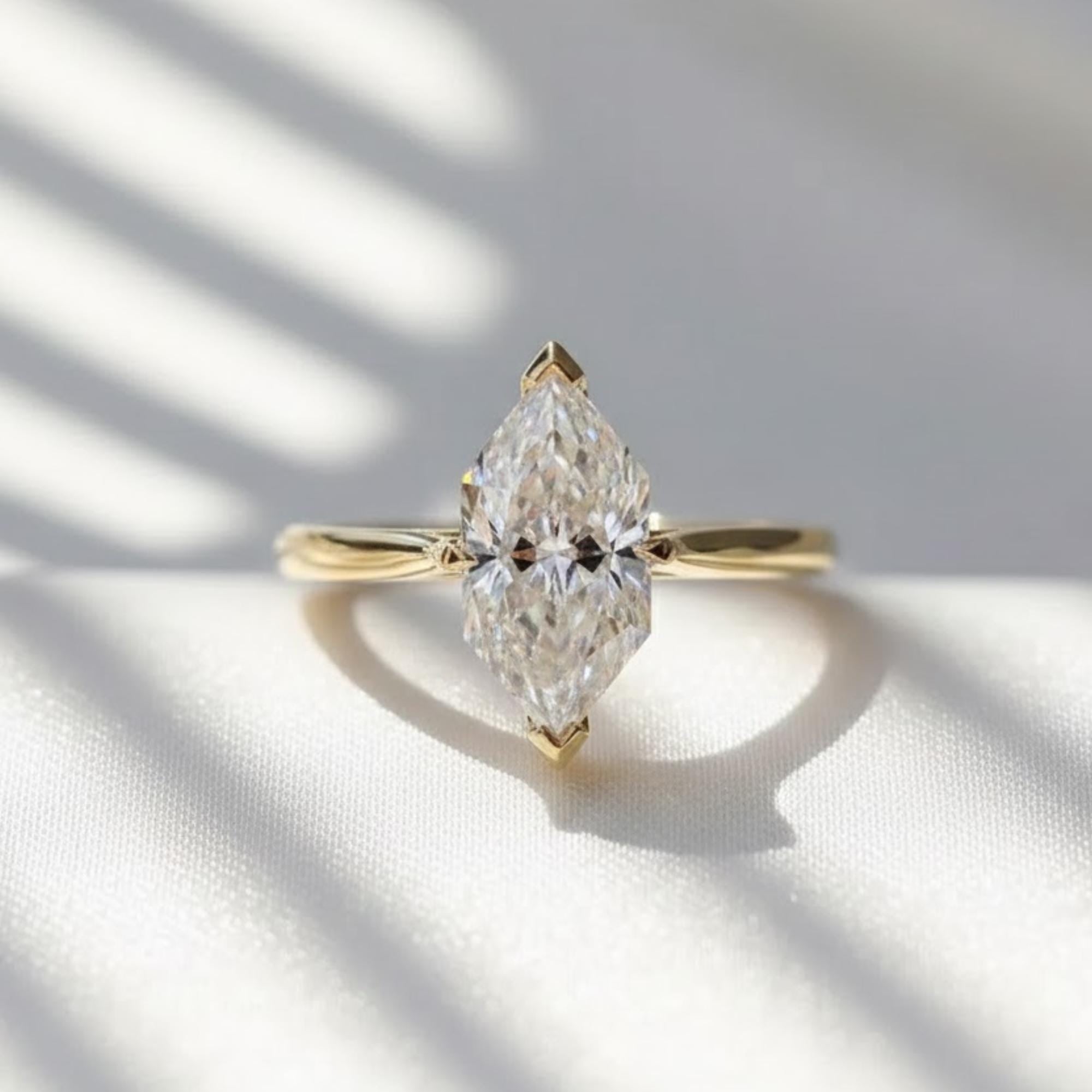 Antique Dutch Marquise Cut Lab Grown Diamond Solitaire Wedding Ring, V Prong Tapered Shank Engagement Ring for Women, Unique Promise Ring