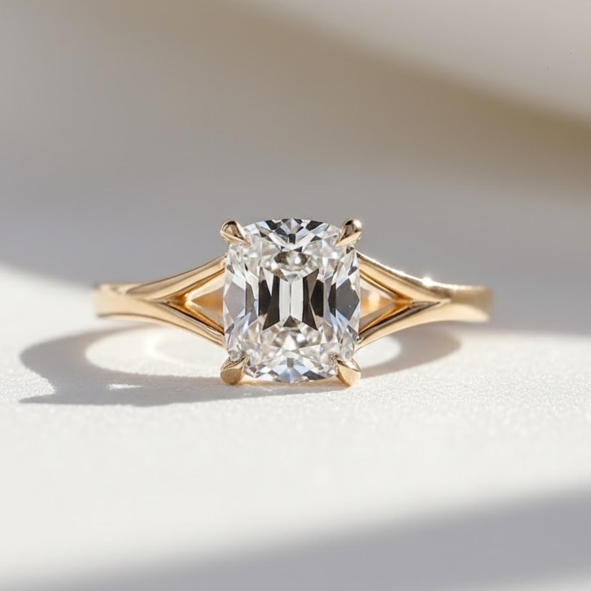 Old Mine Cut Cushion Diamond Split Shank Engagement Ring, Solitaire Wedding Ring for Her, Comfort Fit Promise Ring, Handmade Ring for Gift