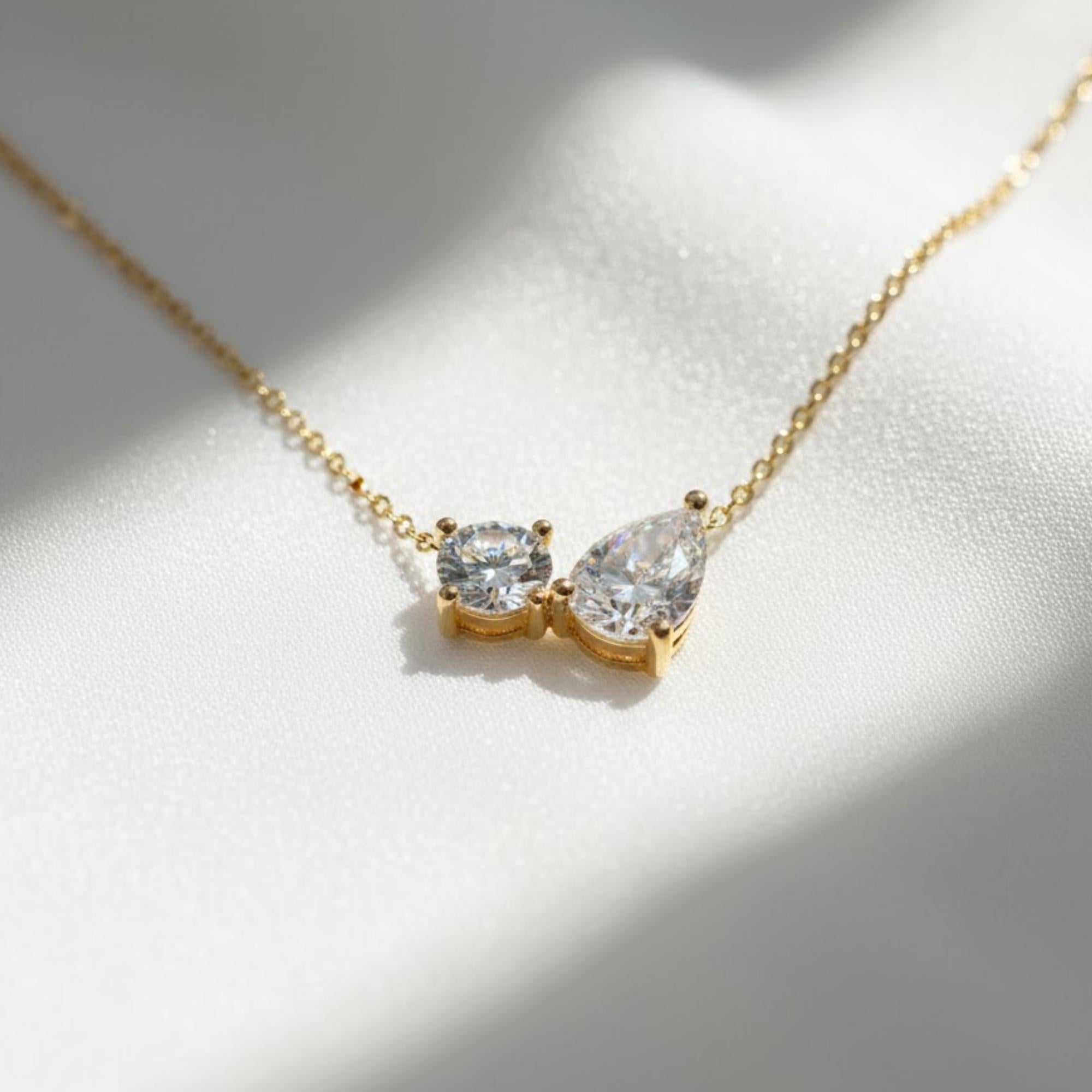 Toi et Moi Lab Grown Diamond Necklace, 14K Gold 1.55 ctw Round & Pear Cut Diamond Necklace, Unique Lab Grown Diamond Pendant, Birthday Gift