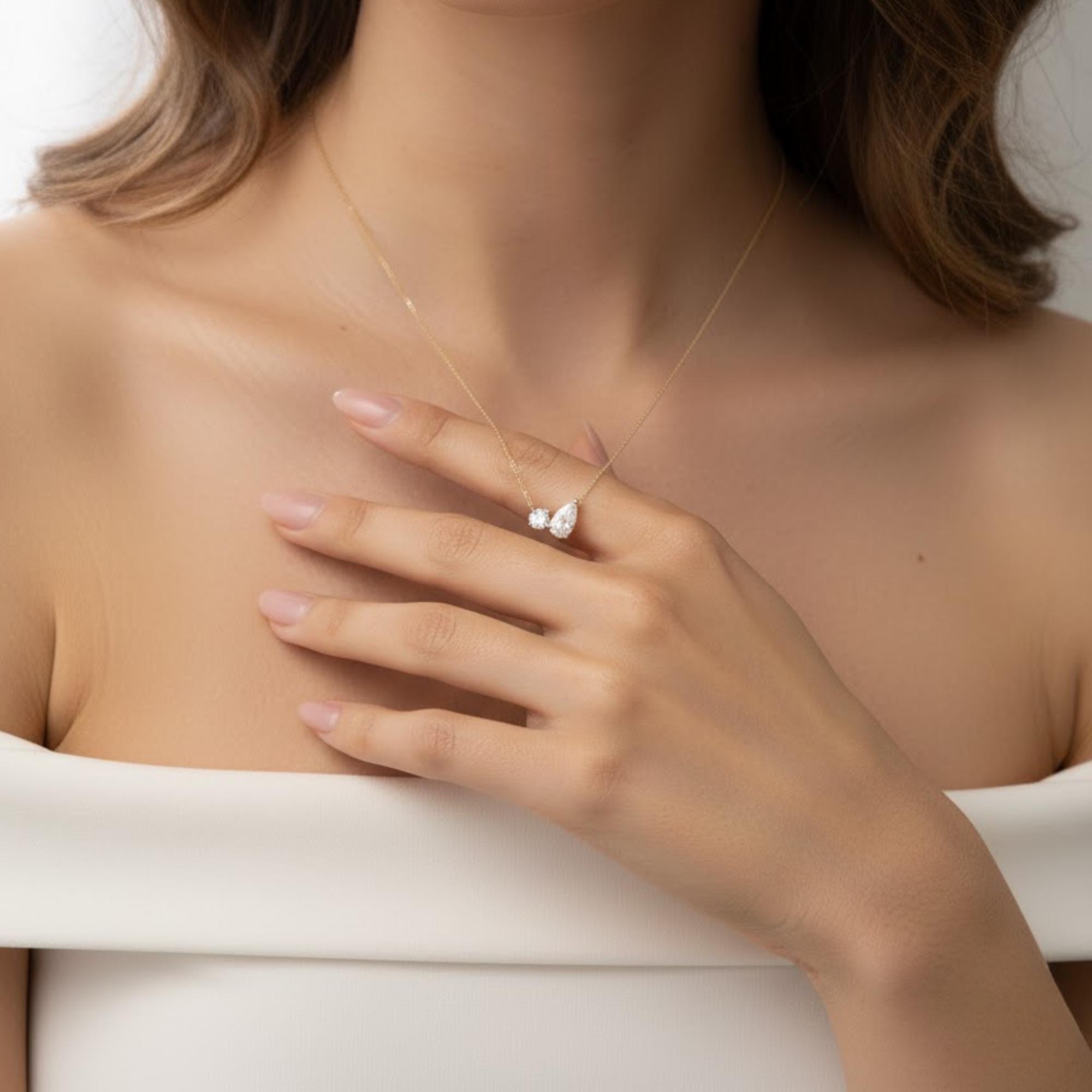 Toi et Moi Lab Grown Diamond Necklace, 14K Gold 1.55 ctw Round & Pear Cut Diamond Necklace, Unique Lab Grown Diamond Pendant, Birthday Gift