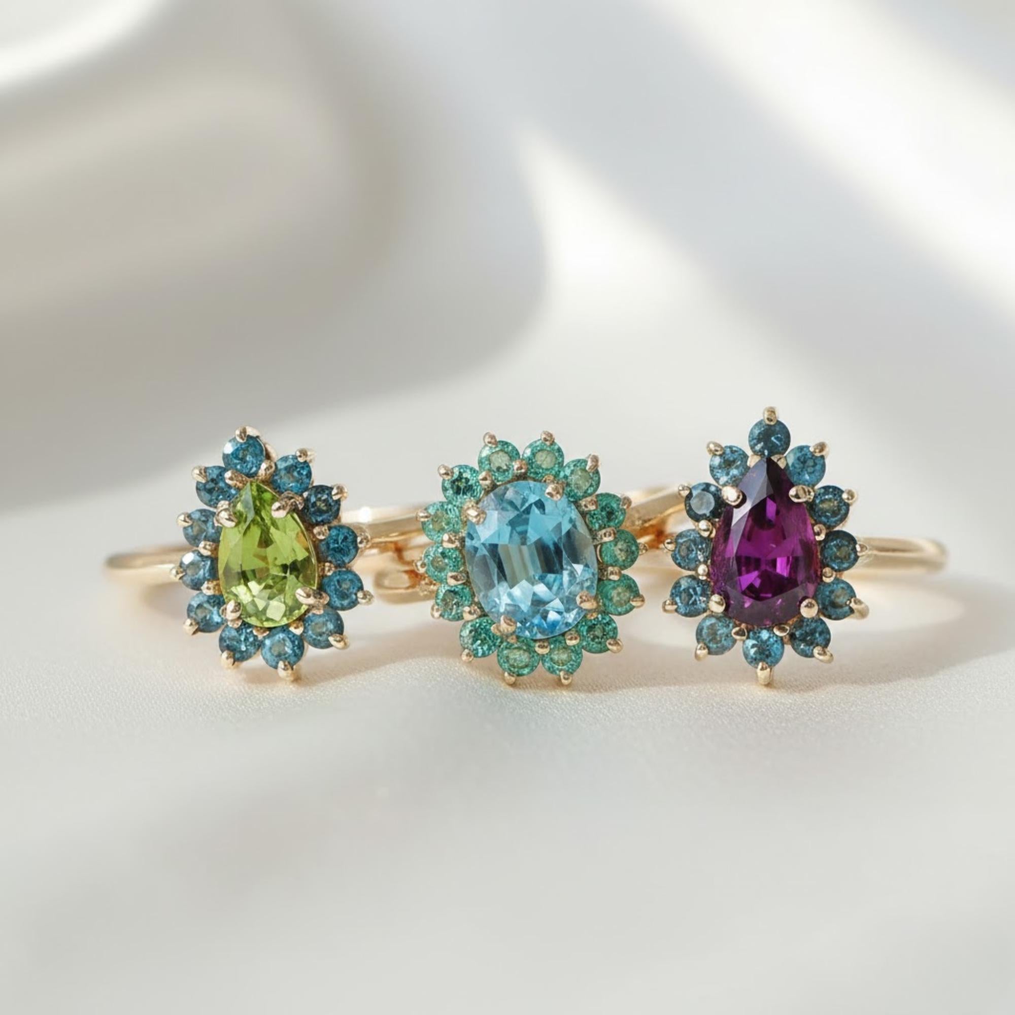Natural Peridot and London Blue Topaz Ring | Green Gemstone Halo Cocktail Ring | Natural Birthstone Statement Ring by Mirae Jewelry