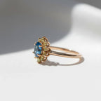 1 Carat Sapphire Peridot Halo Ring | Floral Style Gemstone Ring | Blue and Green Contrast 14K Gold Birthstone Ring by Mirae Jewelry