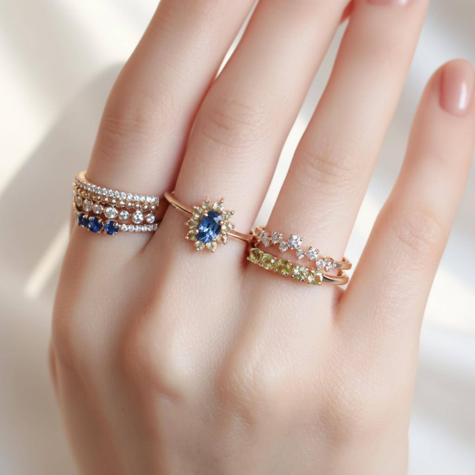 1 Carat Sapphire Peridot Halo Ring | Floral Style Gemstone Ring | Blue and Green Contrast 14K Gold Birthstone Ring by Mirae Jewelry