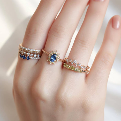 1 Carat Sapphire Peridot Halo Ring | Floral Style Gemstone Ring | Blue and Green Contrast 14K Gold Birthstone Ring by Mirae Jewelry
