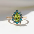 Natural Peridot and London Blue Topaz Ring | Green Gemstone Halo Cocktail Ring | Natural Birthstone Statement Ring by Mirae Jewelry