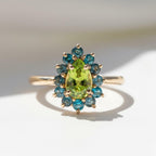 Natural Peridot and London Blue Topaz Ring | Green Gemstone Halo Cocktail Ring | Natural Birthstone Statement Ring by Mirae Jewelry