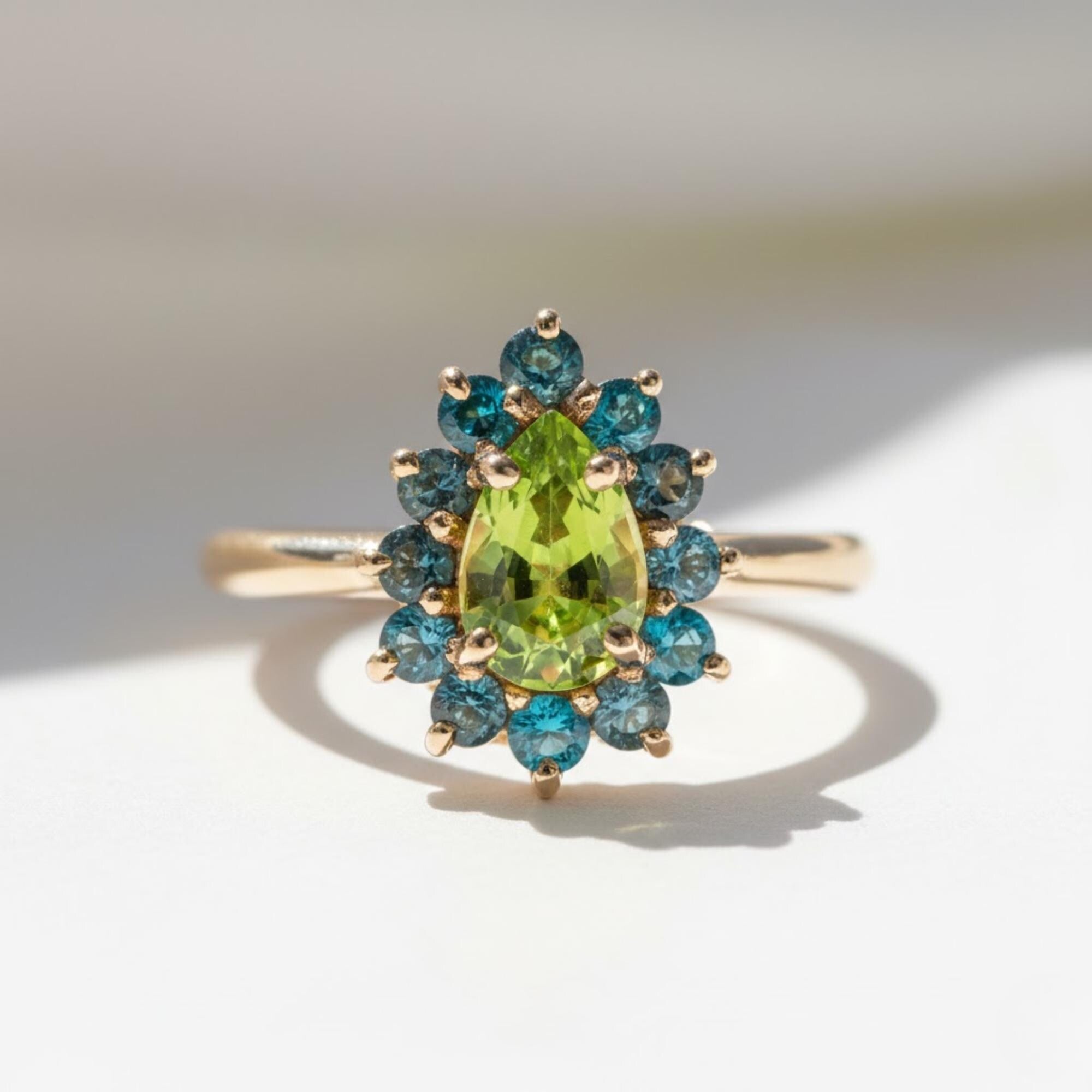 Natural Peridot and London Blue Topaz Ring | Green Gemstone Halo Cocktail Ring | Natural Birthstone Statement Ring by Mirae Jewelry