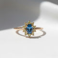 1 Carat Sapphire Peridot Halo Ring | Floral Style Gemstone Ring | Blue and Green Contrast 14K Gold Birthstone Ring by Mirae Jewelry