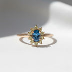 1 Carat Sapphire Peridot Halo Ring | Floral Style Gemstone Ring | Blue and Green Contrast 14K Gold Birthstone Ring by Mirae Jewelry