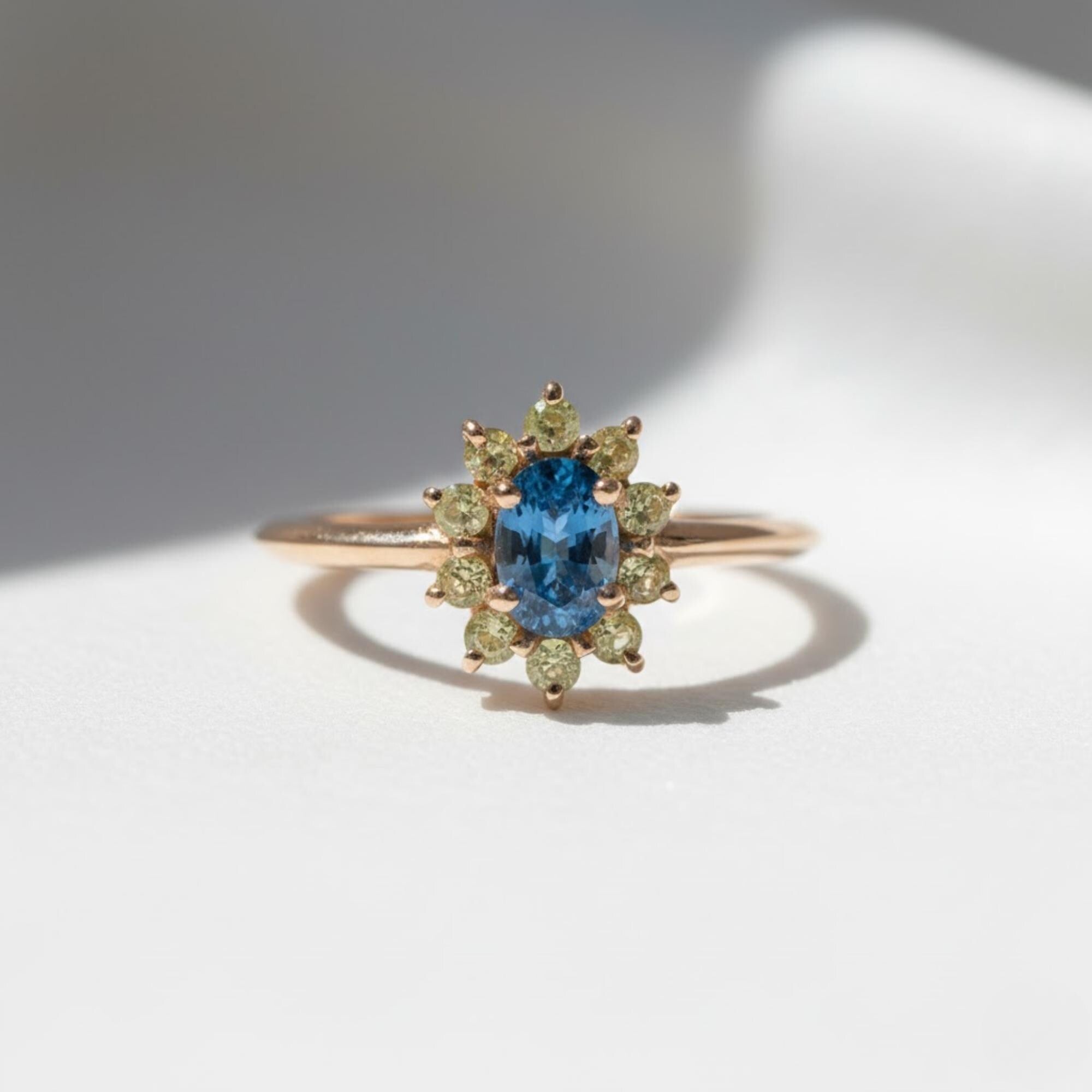 1 Carat Sapphire Peridot Halo Ring | Floral Style Gemstone Ring | Blue and Green Contrast 14K Gold Birthstone Ring by Mirae Jewelry