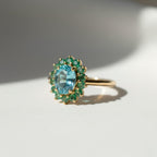 Blue Zircon and Emerald Halo Gemstone Ring | 3 Carat Natural Gemstone Statement Ring | 14K Yellow Gold Cocktail Ring By Mirae Jewelry