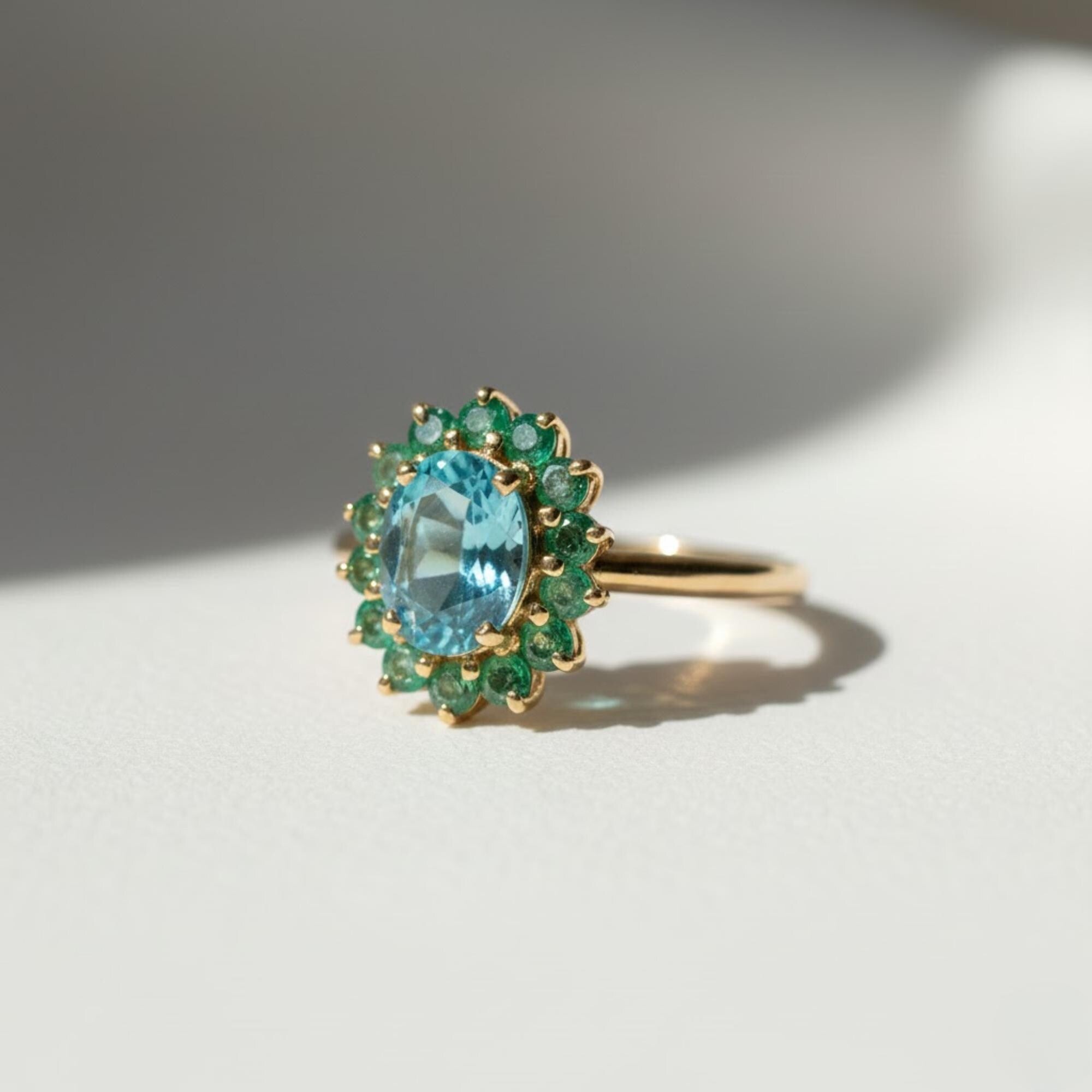 Blue Zircon and Emerald Halo Gemstone Ring | 3 Carat Natural Gemstone Statement Ring | 14K Yellow Gold Cocktail Ring By Mirae Jewelry