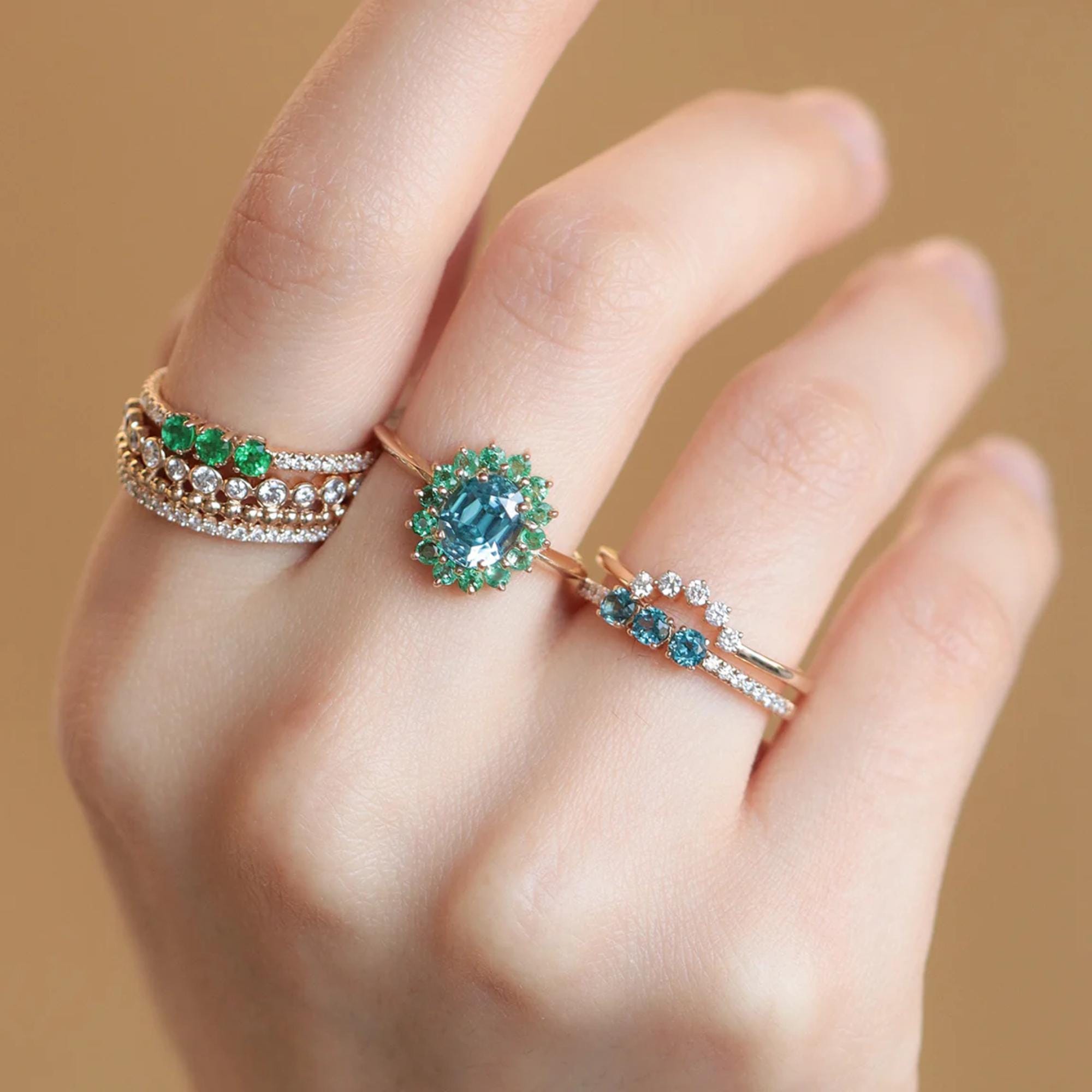 Blue Zircon and Emerald Halo Gemstone Ring | 3 Carat Natural Gemstone Statement Ring | 14K Yellow Gold Cocktail Ring By Mirae Jewelry
