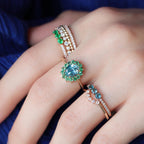 Blue Zircon and Emerald Halo Gemstone Ring | 3 Carat Natural Gemstone Statement Ring | 14K Yellow Gold Cocktail Ring By Mirae Jewelry