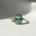 Blue Zircon and Emerald Halo Gemstone Ring | 3 Carat Natural Gemstone Statement Ring | 14K Yellow Gold Cocktail Ring By Mirae Jewelry