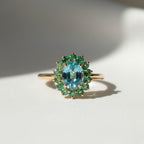 Blue Zircon and Emerald Halo Gemstone Ring | 3 Carat Natural Gemstone Statement Ring | 14K Yellow Gold Cocktail Ring By Mirae Jewelry