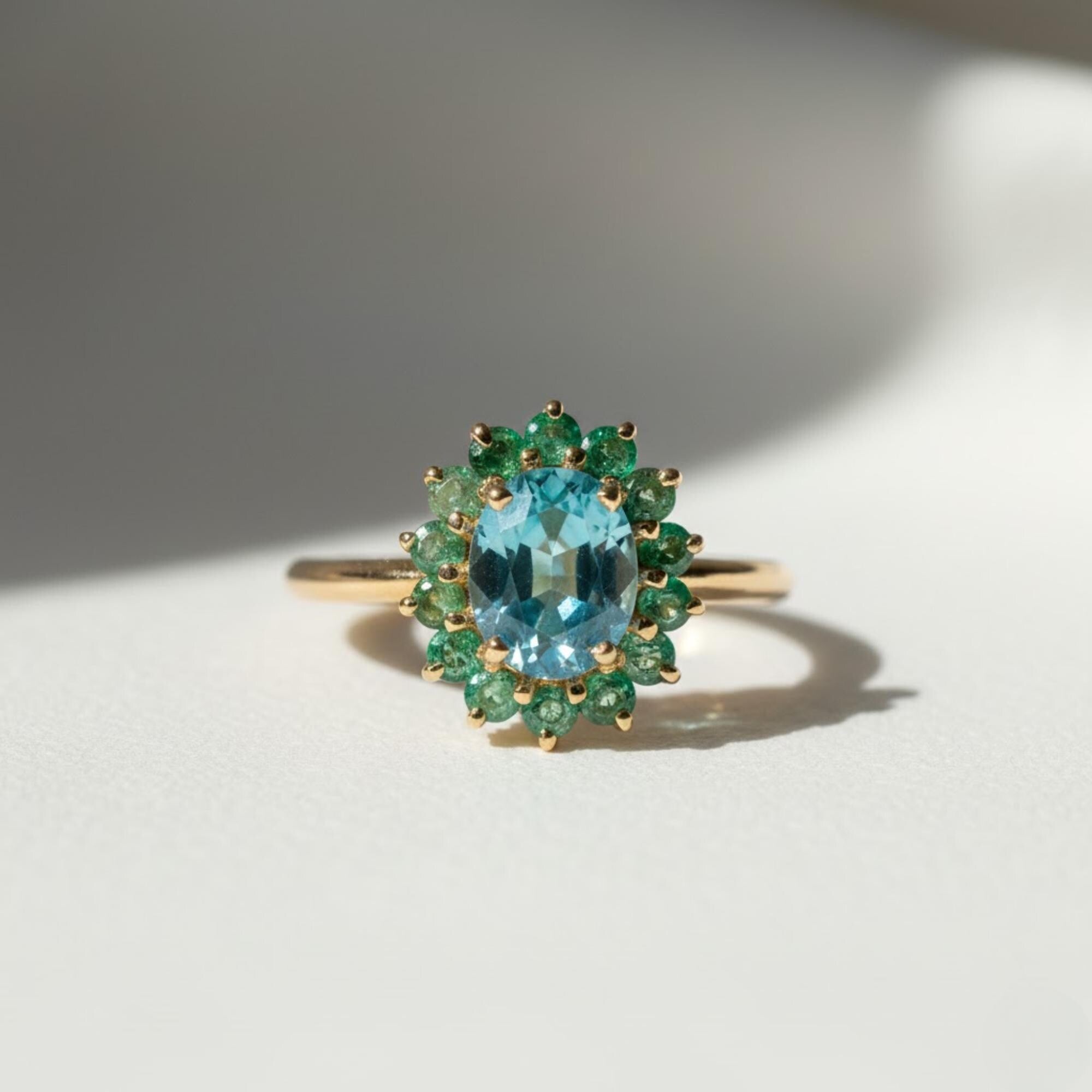 Blue Zircon and Emerald Halo Gemstone Ring | 3 Carat Natural Gemstone Statement Ring | 14K Yellow Gold Cocktail Ring By Mirae Jewelry
