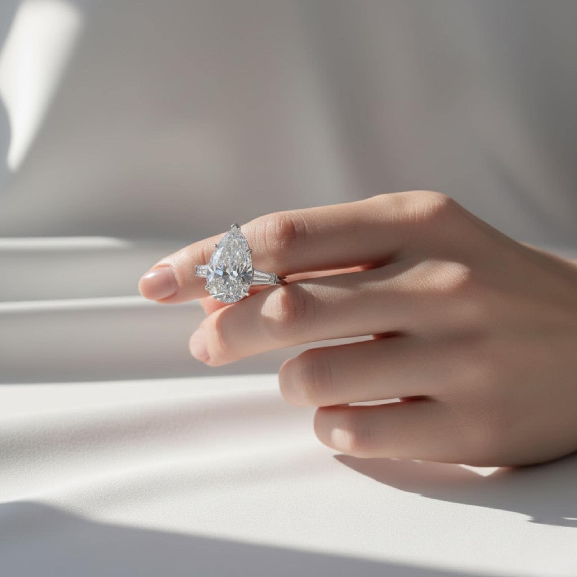HUGE 10 Carat Pear Cut Lab Grown Diamond Three Stone Ring / Trilogy Tapered Baguette and Pear Cut Engagement Ring / Luxury 3 Stone Ring