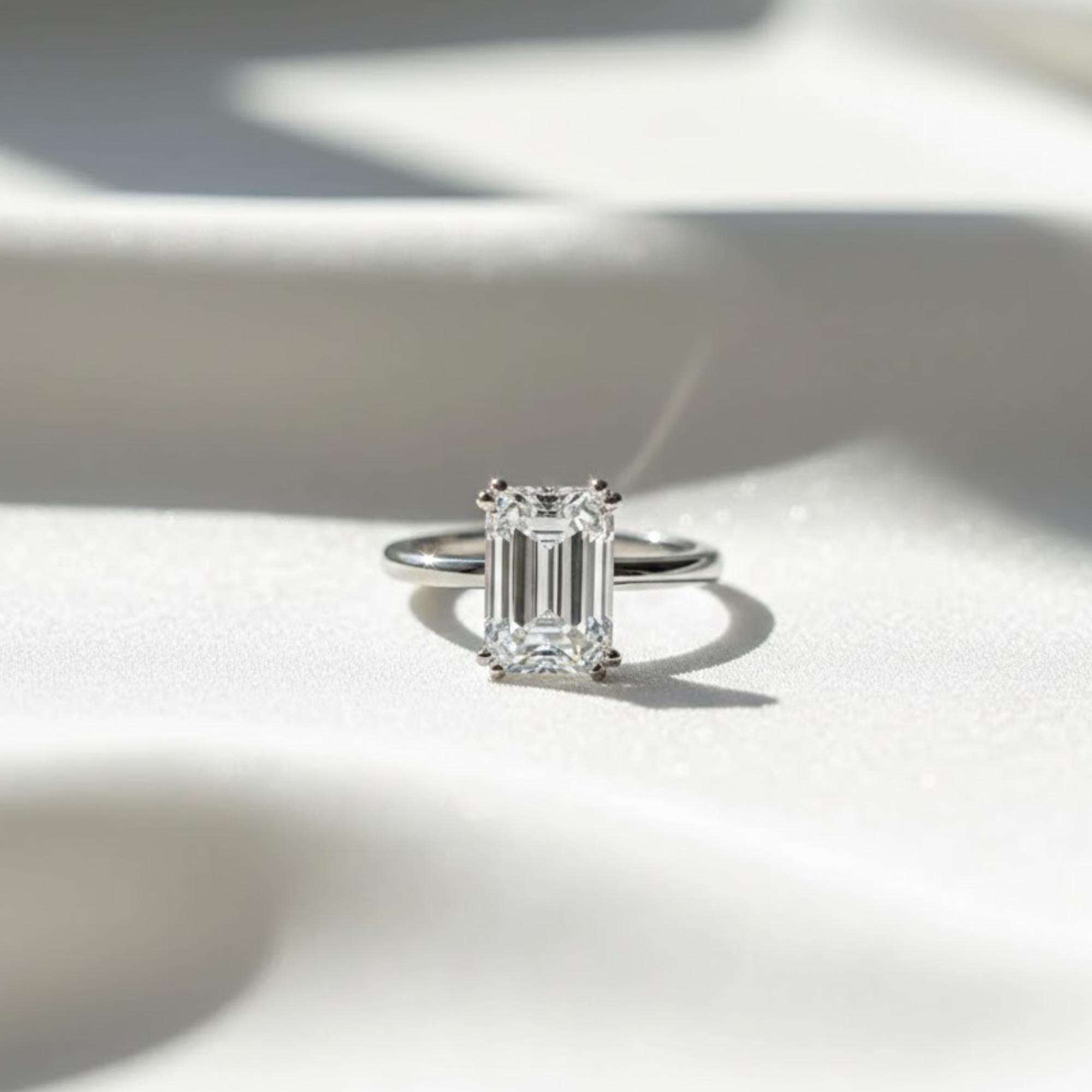 3 Carat Emerald Cut Lab Created Diamond Hidden Halo Engagement Ring / Double Claw Prong Set / White Gold Unique Proposal Ring Gift For Her