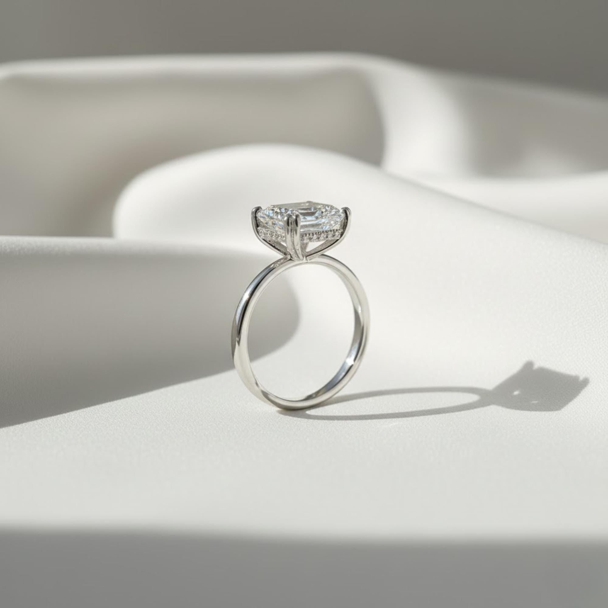 3 Carat Emerald Cut Lab Created Diamond Hidden Halo Engagement Ring / Double Claw Prong Set / White Gold Unique Proposal Ring Gift For Her