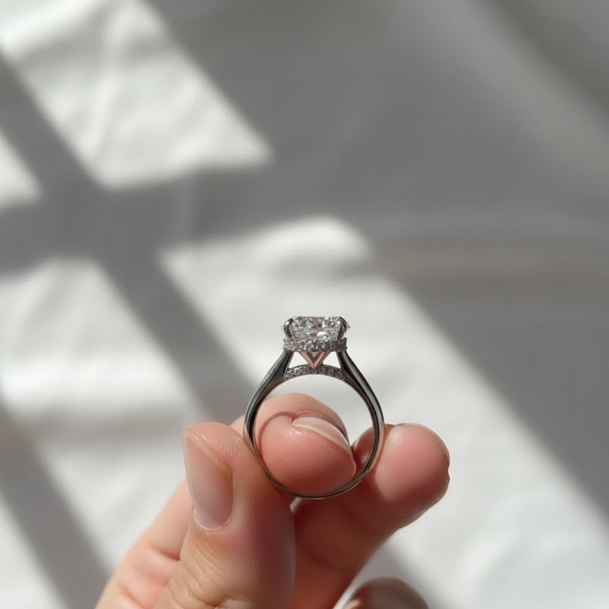 4 Carat Oval F VS Lab Grown Diamond 360 Hidden Halo Engagement Ring / 14k White Gold Elongated Oval High Set Cathedral Ring / 2MM D Shape