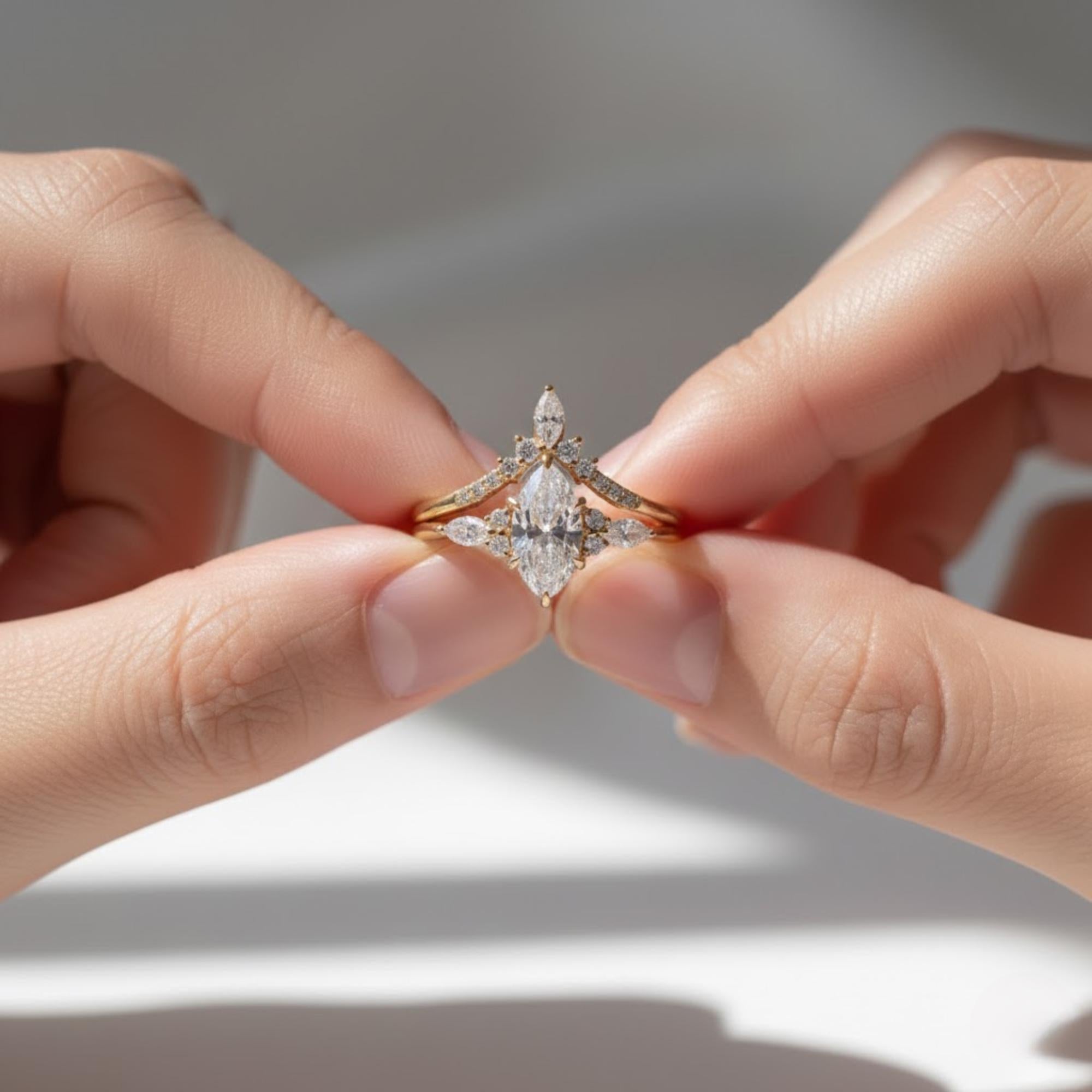 Marquise Diamond Engagement Ring Set - Vintage Rose Gold Bridal Set, Lab Grown Diamonds, 10K 14K 18K, Anniversary Gift