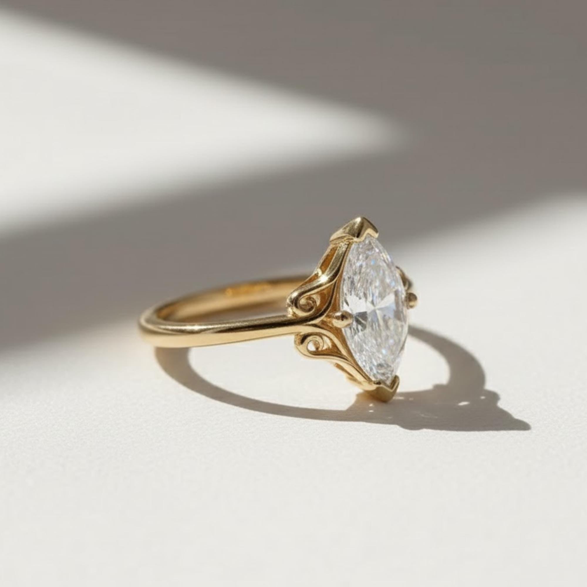 Vintage Filigree Marquise Lab Diamond Engagement Ring, 14K Yellow Gold Bridal Wedding Jewelry, Unique Statement Ring, Modern Classic Gift
