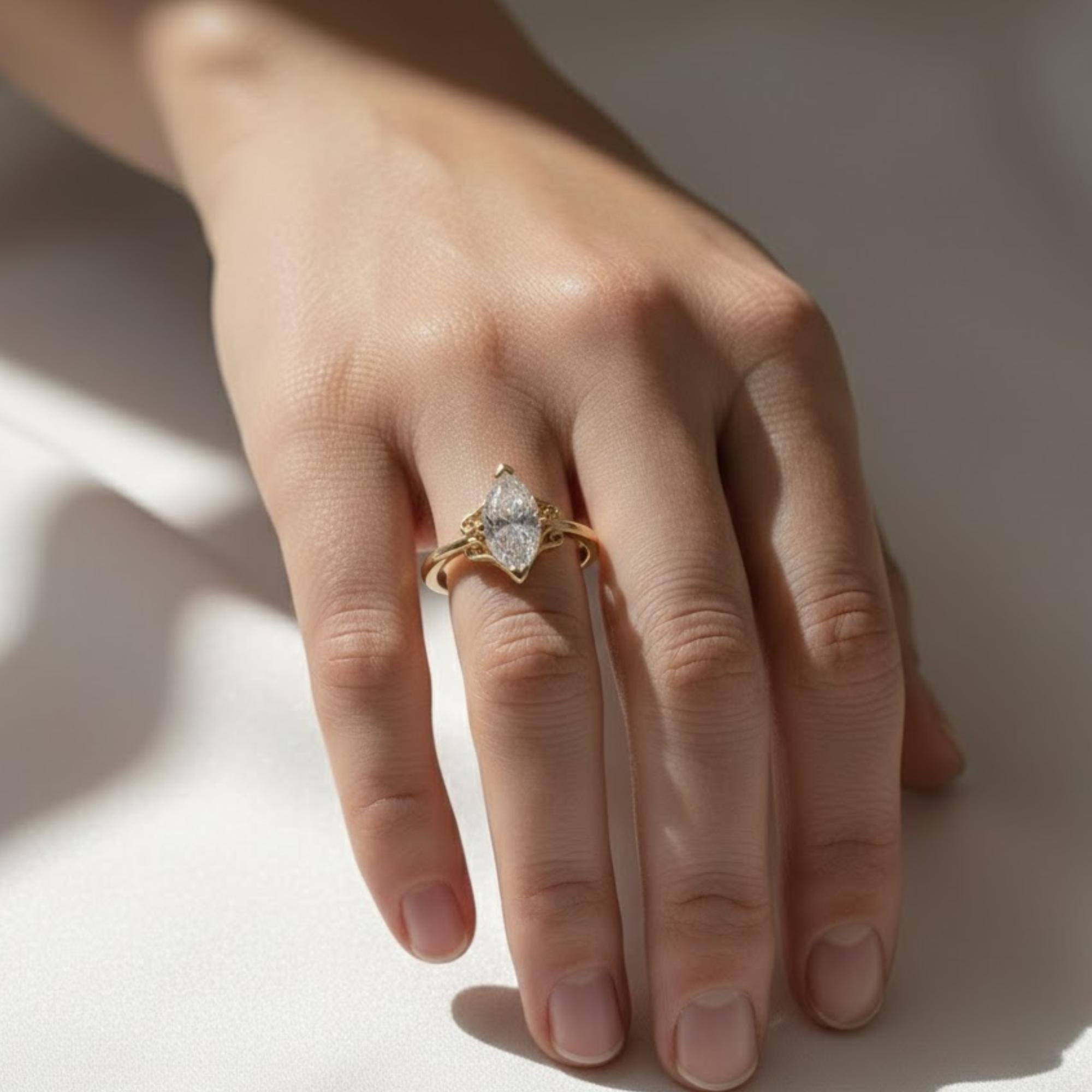 Vintage Filigree Marquise Lab Diamond Engagement Ring, 14K Yellow Gold Bridal Wedding Jewelry, Unique Statement Ring, Modern Classic Gift