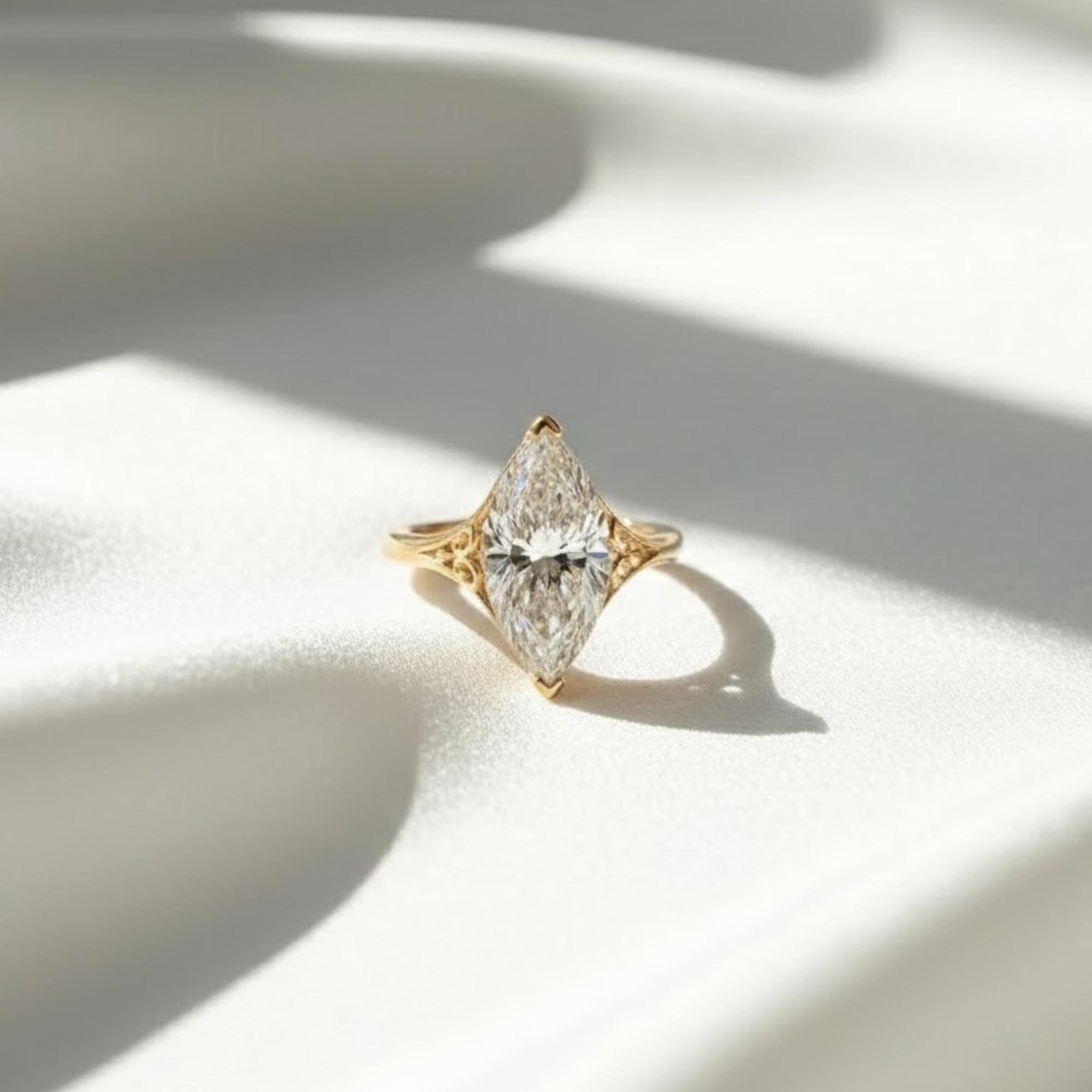 Vintage Marquise Filigree Ring | 1-2 Carat Lab Grown Diamond Ring | 14K Gold Minimalist Bridal Ring