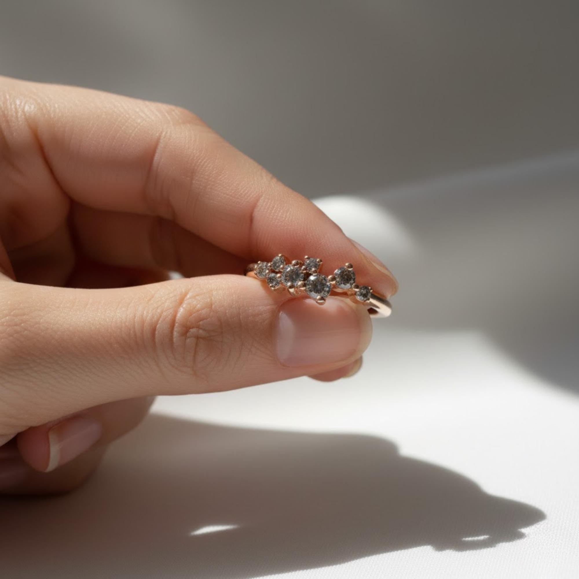 Salt and Pepper Diamond Cluster Ring | 14K Solid Gold Unique Grey Included Diamond Ring | Natural Raw Diamond Band By Mirae Jewelry